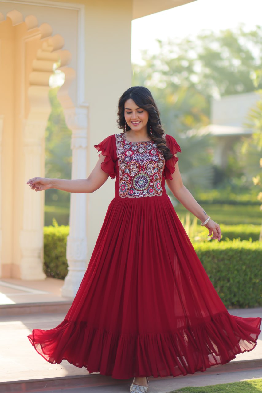 Sonakshi Women's Maroon Faux Blooming Beads and Sequince Multithreaded Embroidered Work Anarkali Gown Set