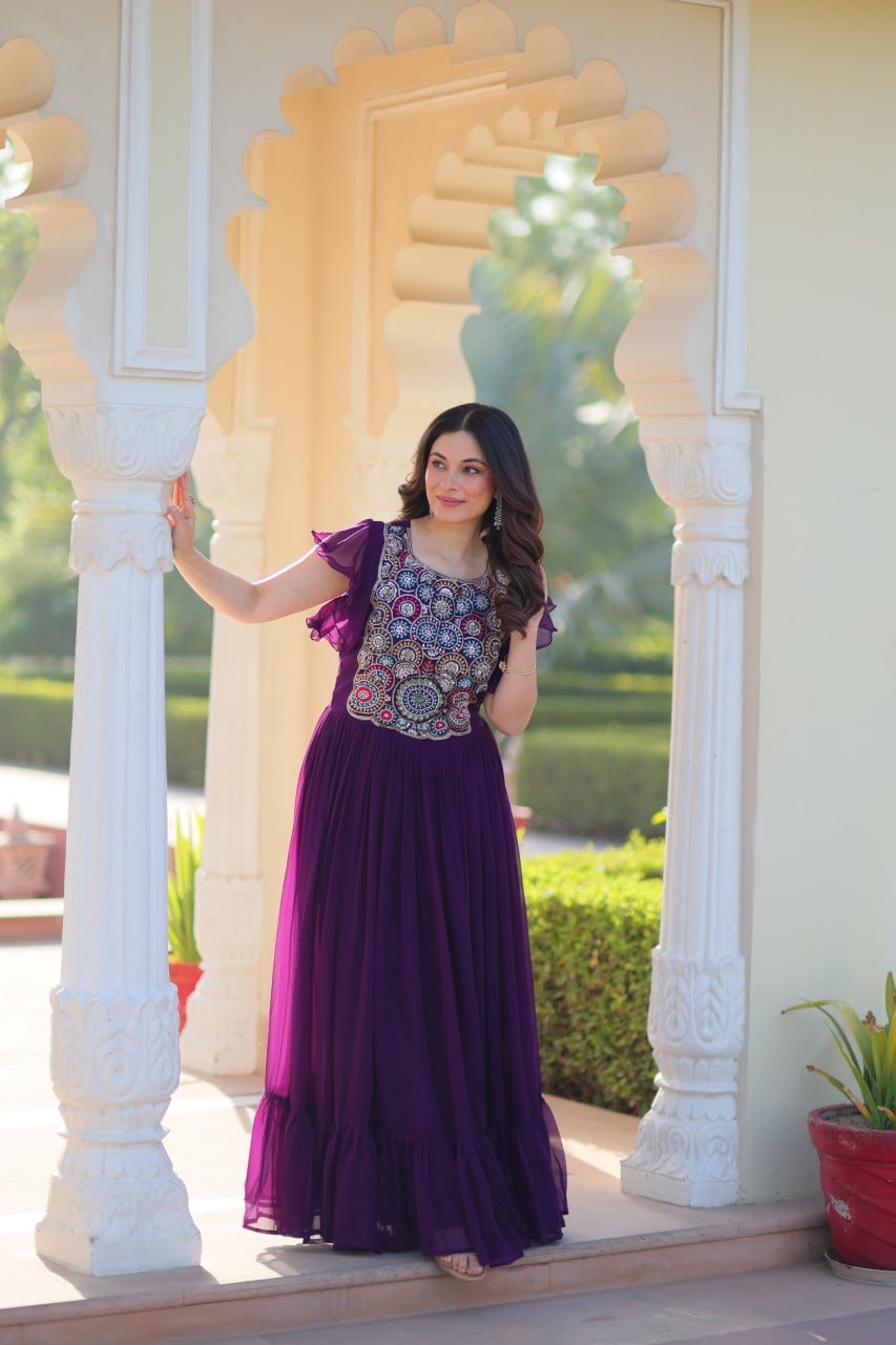 Sonakshi Women's Purple Faux Blooming Beads and Sequince Multithreaded Embroidered Work Anarkali Gown Set