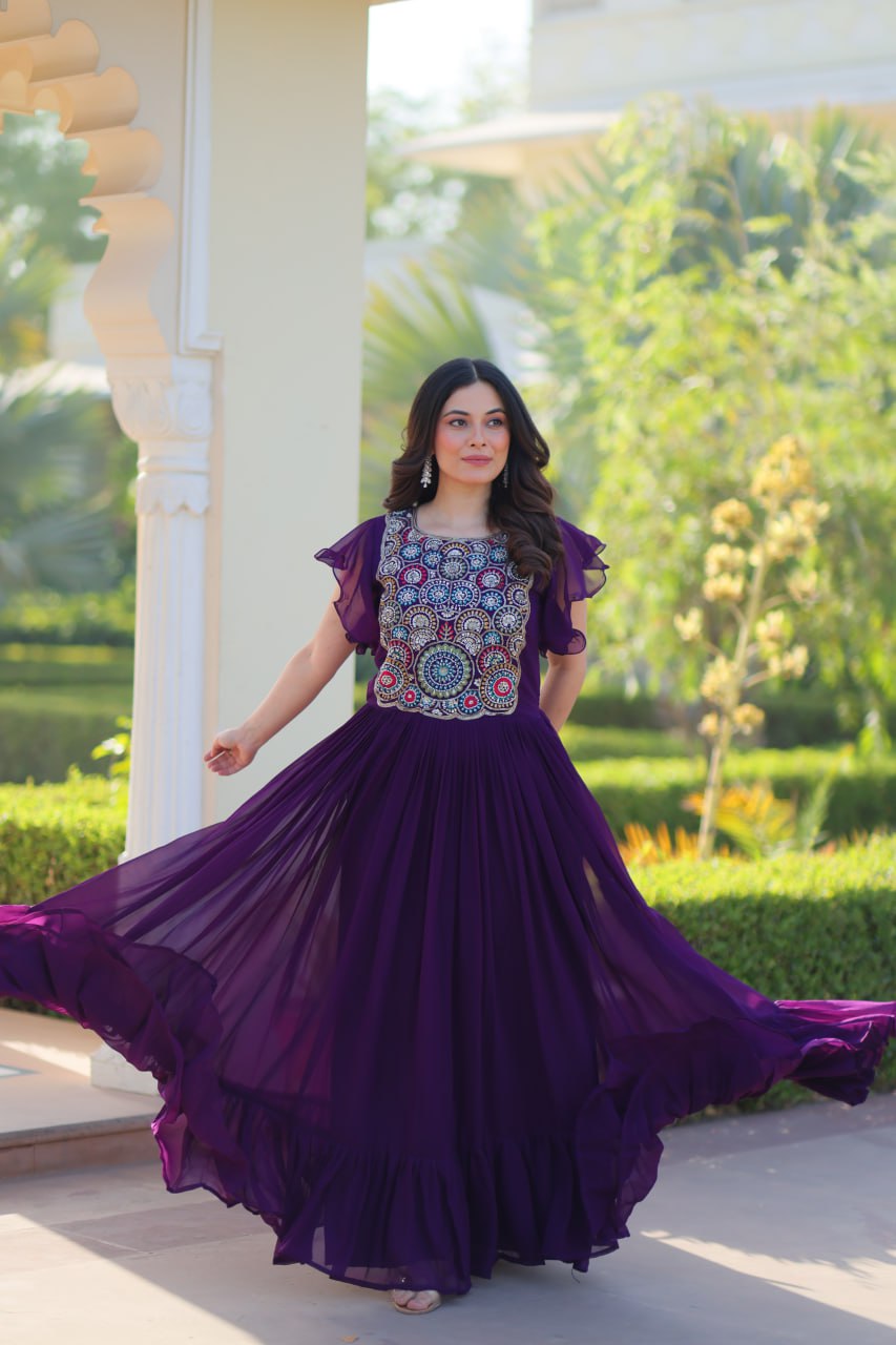 Sonakshi Women's Purple Faux Blooming Beads and Sequince Multithreaded Embroidered Work Anarkali Gown Set