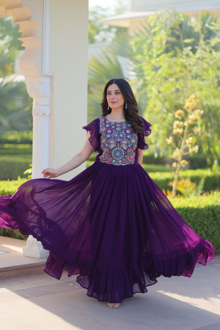 Sonakshi Women's Purple Faux Blooming Beads and Sequince Multithreaded Embroidered Work Anarkali Gown Set