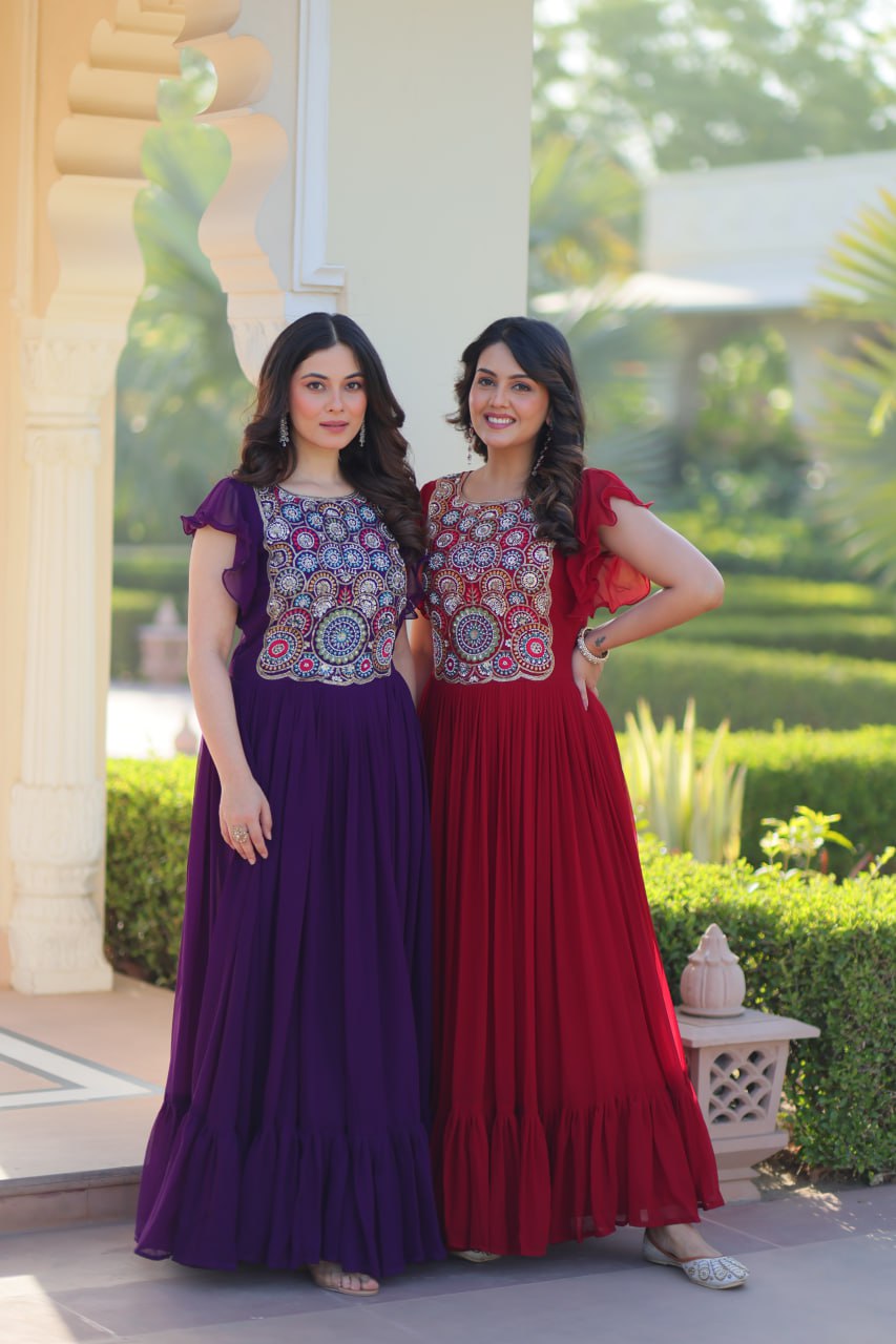 Sonakshi Women's Maroon & Purple Faux Blooming Beads and Sequince Multithreaded Embroidered Work Anarkali Gown Set