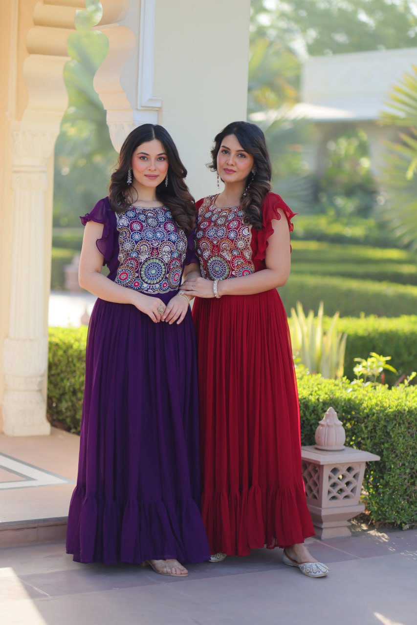 Sonakshi Women's Maroon & Purple Faux Blooming Beads and Sequince Multithreaded Embroidered Work Anarkali Gown Set