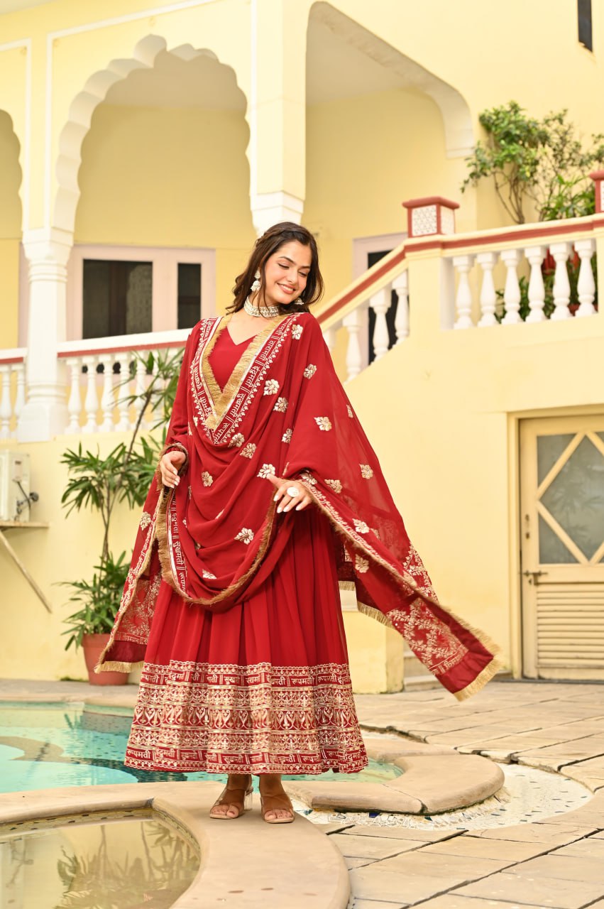 Sonakshi Women's Red Faux Blooming Embroidered Zari Sequins Work Anarkali Gown Set With Dupatta