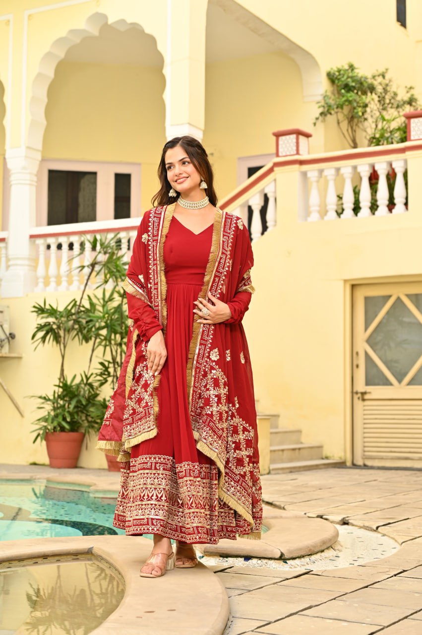 Sonakshi Women's Red Faux Blooming Embroidered Zari Sequins Work Anarkali Gown Set With Dupatta