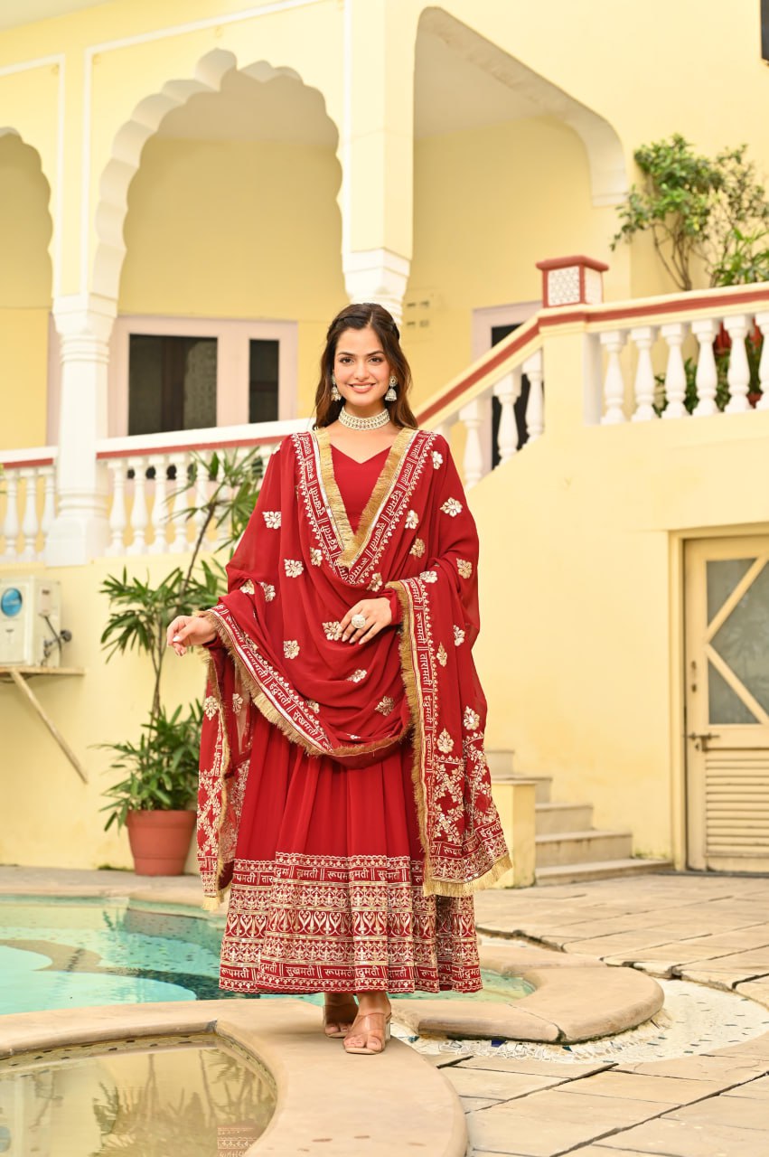 Sonakshi Women's Red Faux Blooming Embroidered Zari Sequins Work Anarkali Gown Set With Dupatta