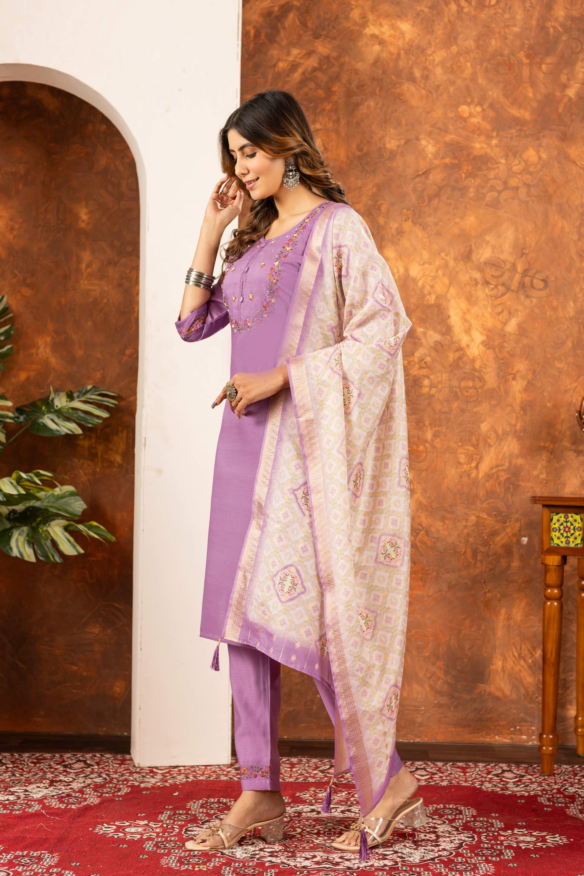 Sonakshi Women's Lavender Marina Silk Multi Embroidered Thread With Hand Work Kurta Set With Dupatta