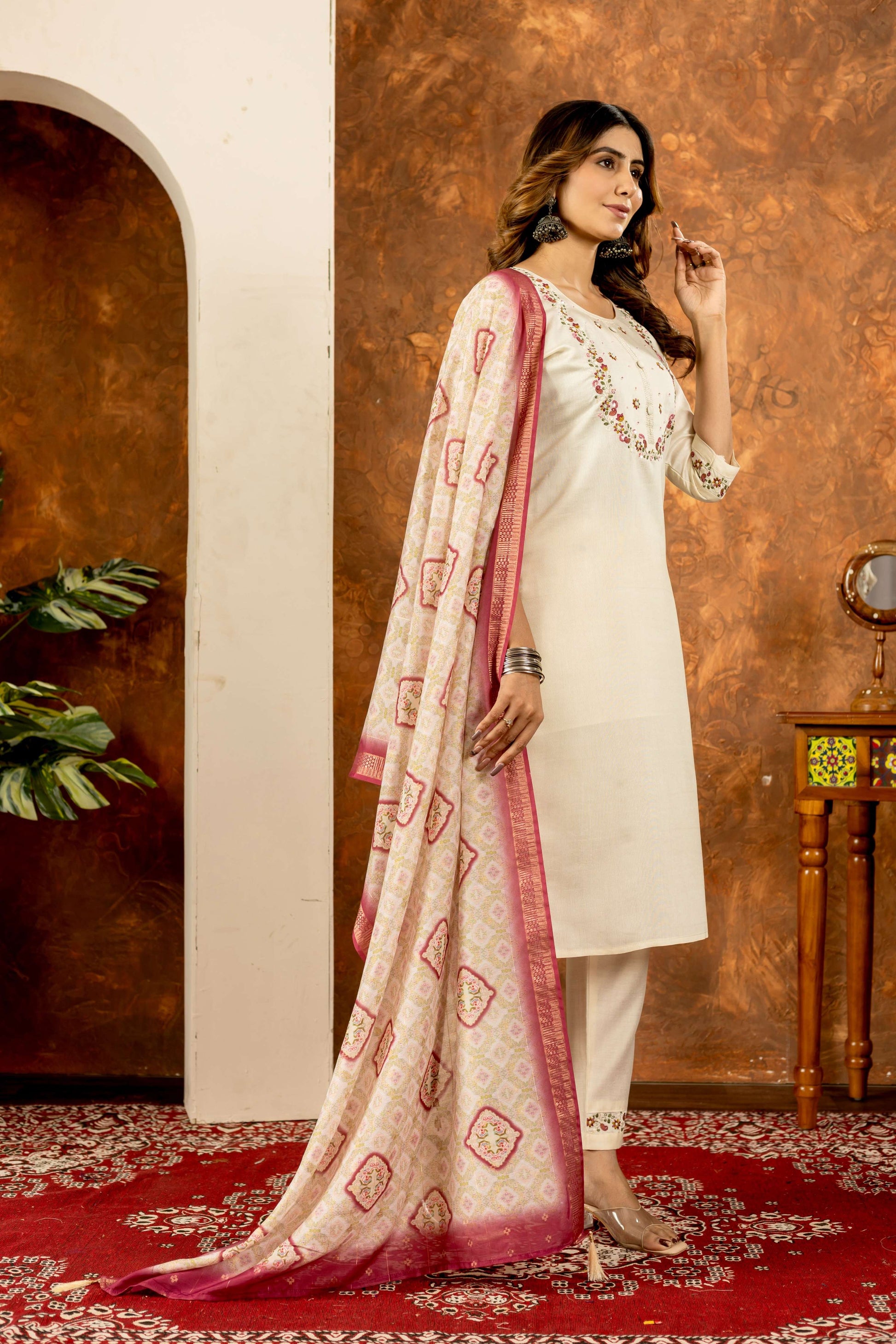 Sonakshi Women's Off White Marina Silk Multi Embroidered Thread With Hand Work Kurta Set With Dupatta