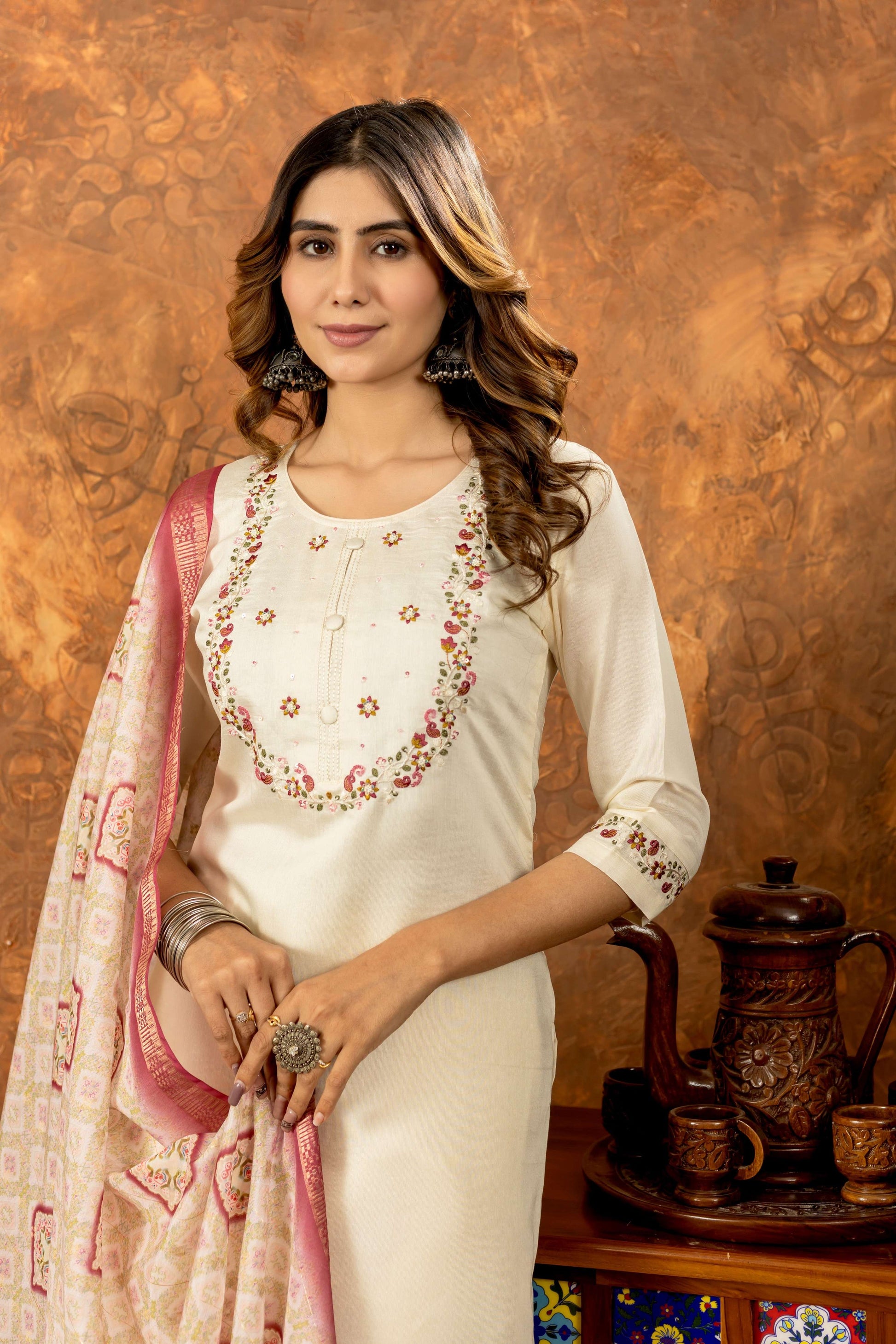 Sonakshi Women's Off White Marina Silk Multi Embroidered Thread With Hand Work Kurta Set With Dupatta
