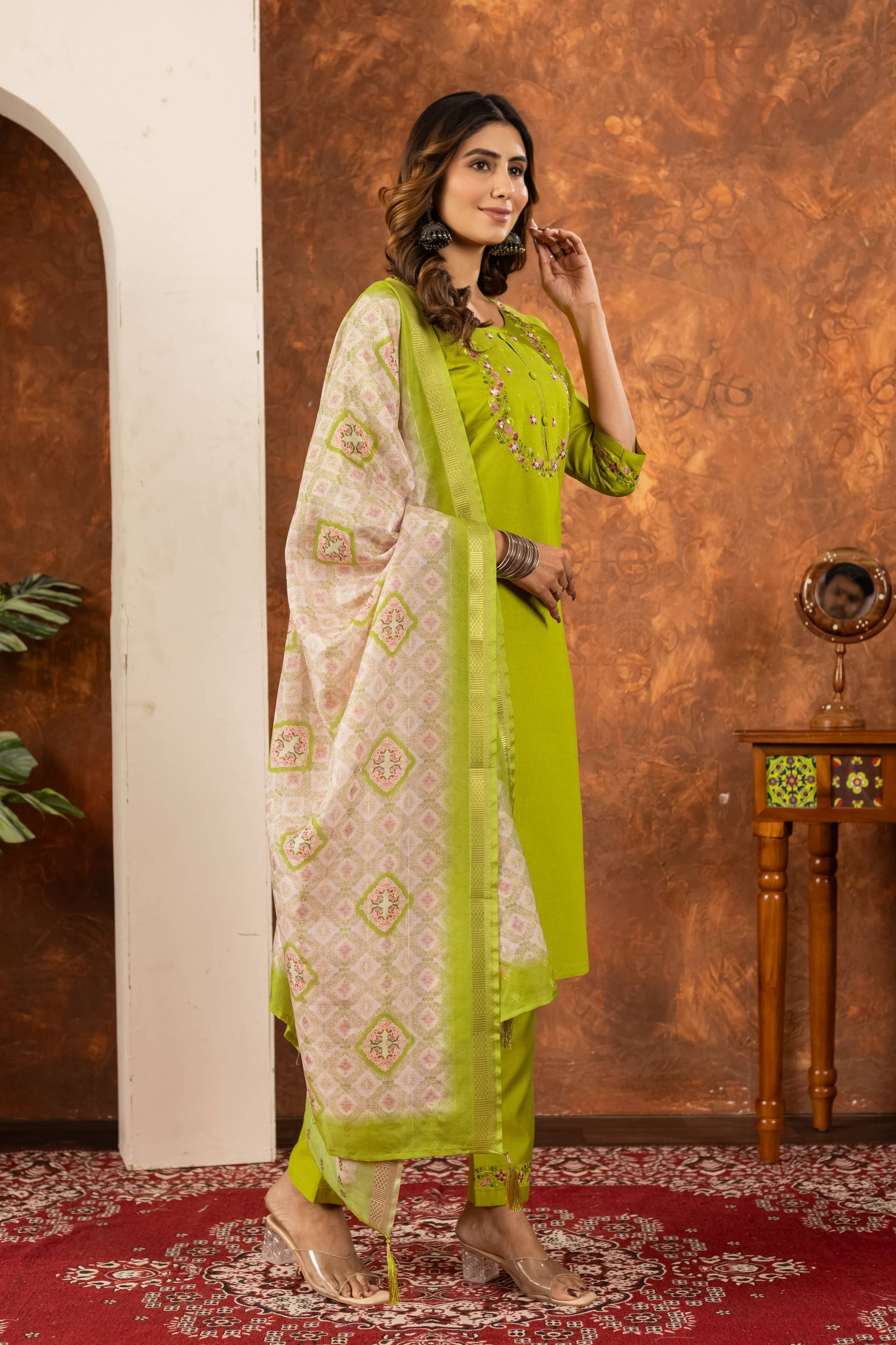 Sonakshi Women's Parrot Marina Silk Multi Embroidered Thread With Hand Work Kurta Set With Dupatta