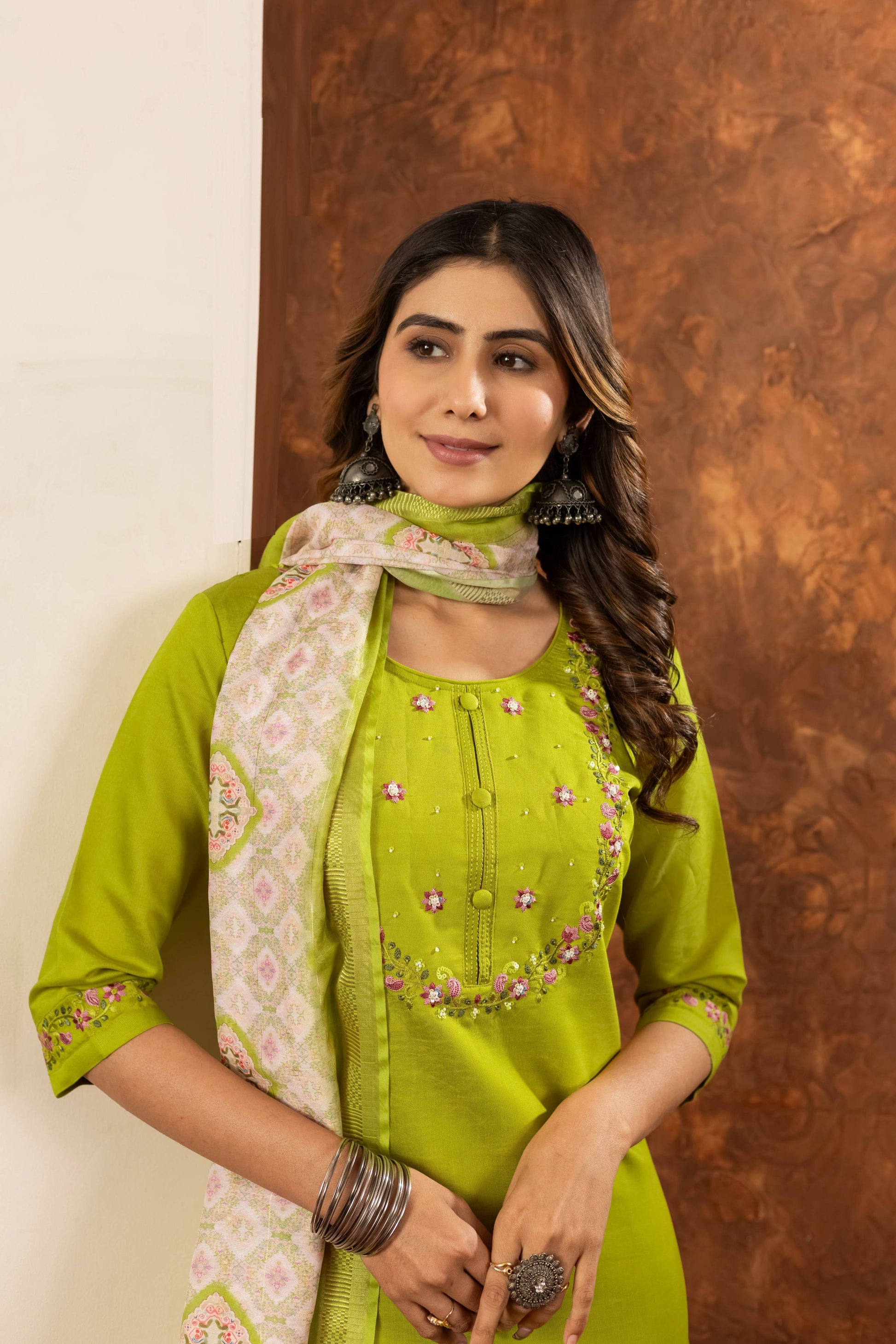 Sonakshi Women's Parrot Marina Silk Multi Embroidered Thread With Hand Work Kurta Set With Dupatta