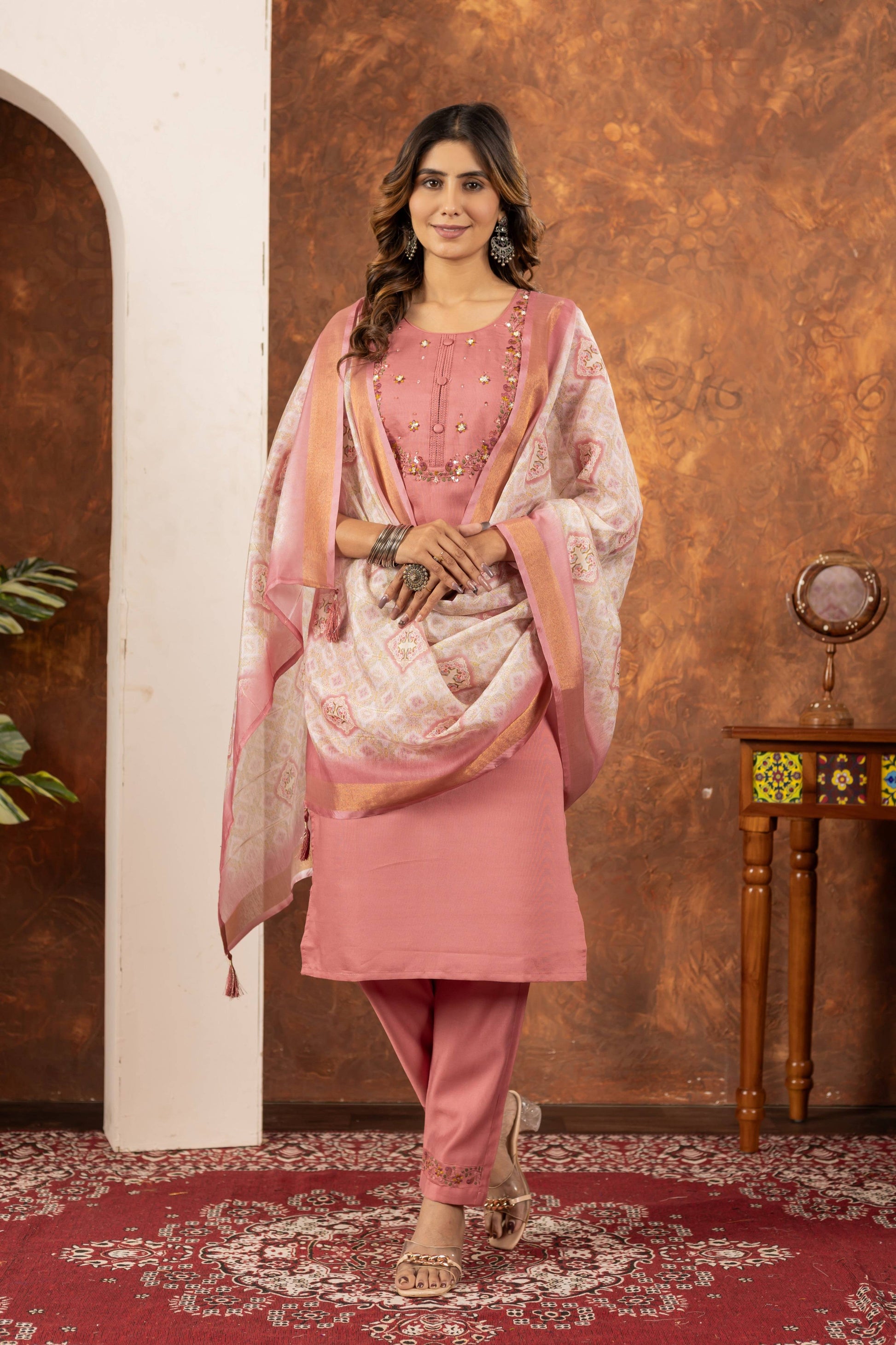 Sonakshi Women's Peach Marina Silk Multi Embroidered Thread With Hand Work Kurta Set With Dupatta