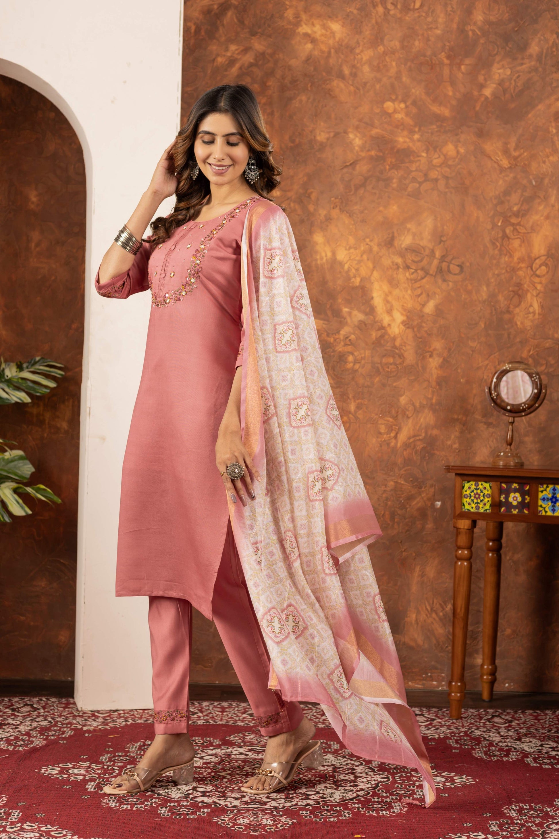 Sonakshi Women's Peach Marina Silk Multi Embroidered Thread With Hand Work Kurta Set With Dupatta