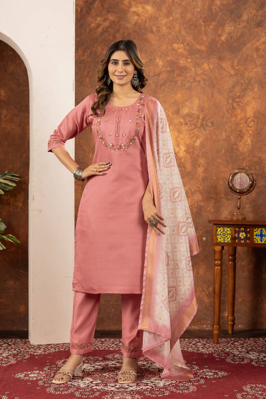 Sonakshi Women's Peach Marina Silk Multi Embroidered Thread With Hand Work Kurta Set With Dupatta