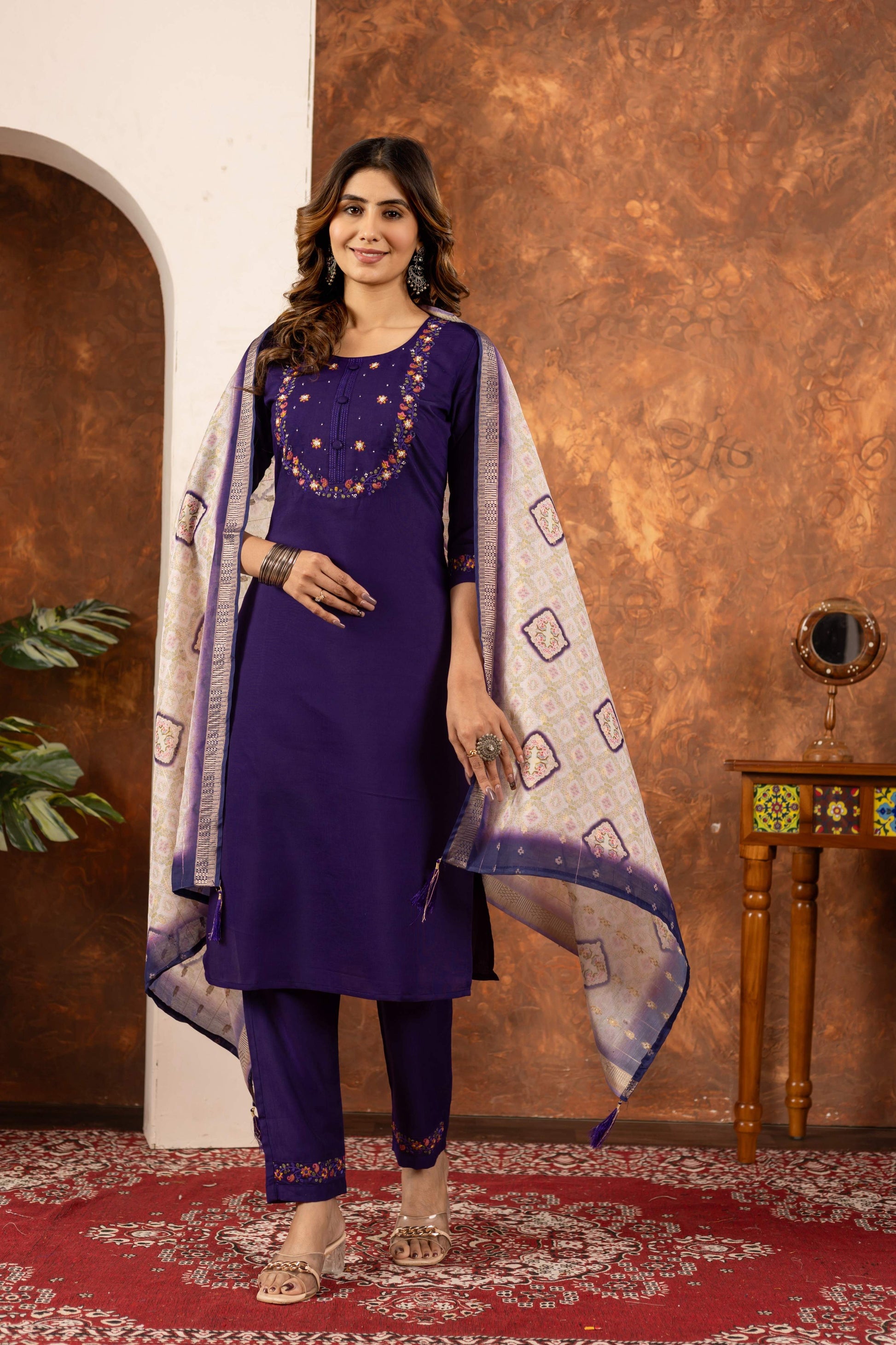 Sonakshi Women's Purple Marina Silk Multi Embroidered Thread With Hand Work Kurta Set With Dupatta
