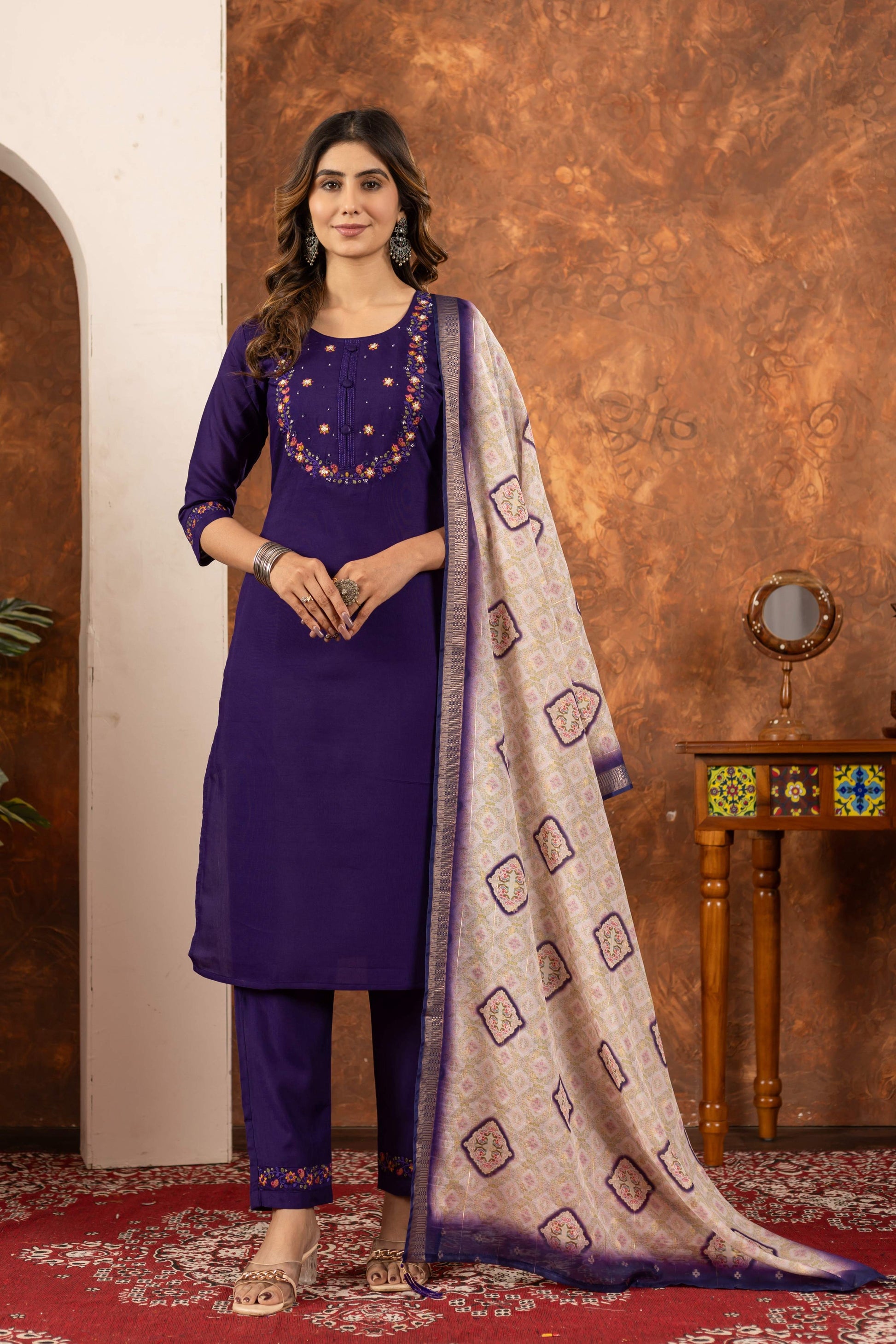 Sonakshi Women's Purple Marina Silk Multi Embroidered Thread With Hand Work Kurta Set With Dupatta