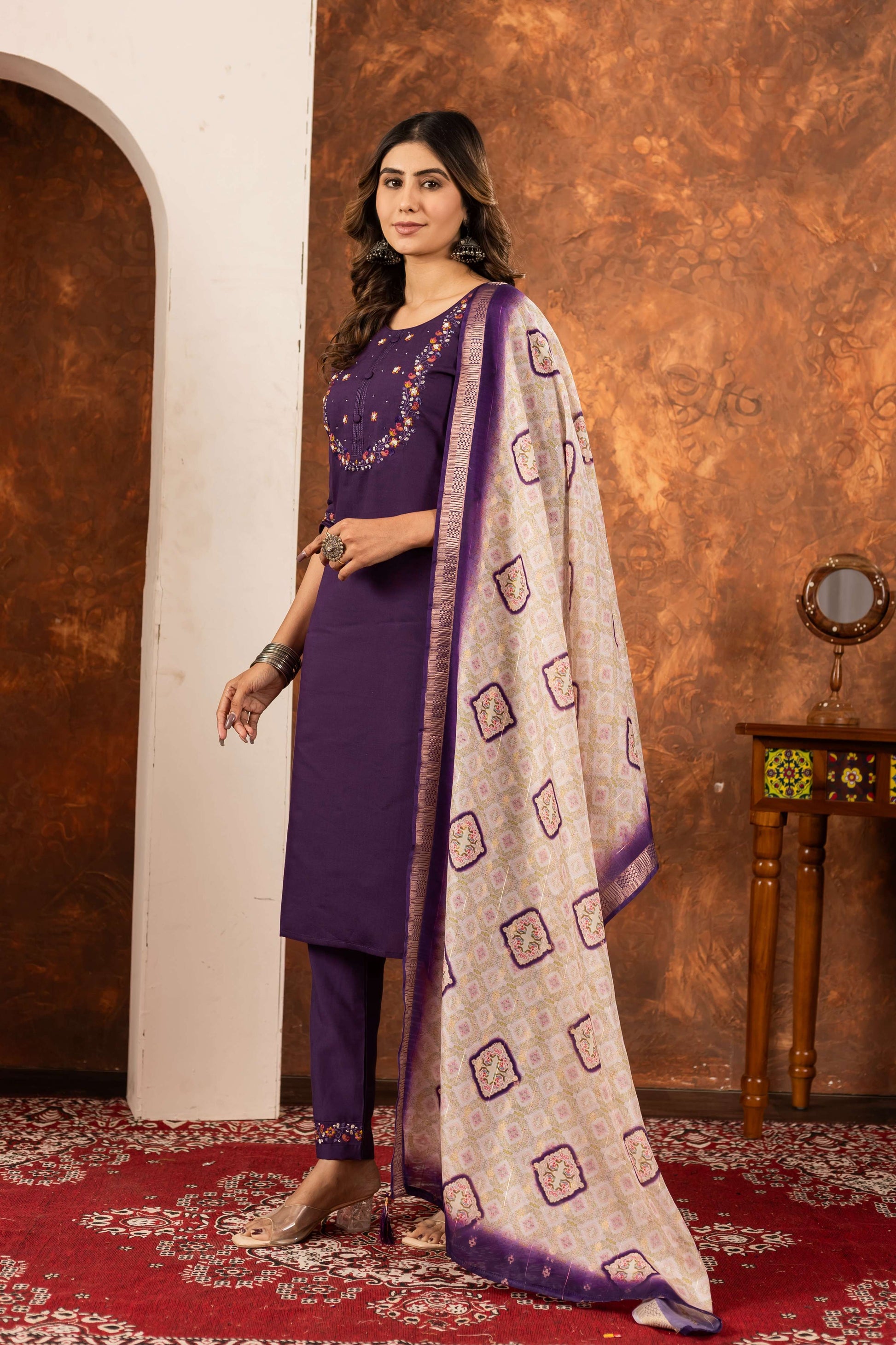 Sonakshi Women's Wine Marina Silk Multi Embroidered Thread With Hand Work Kurta Set With Dupatta