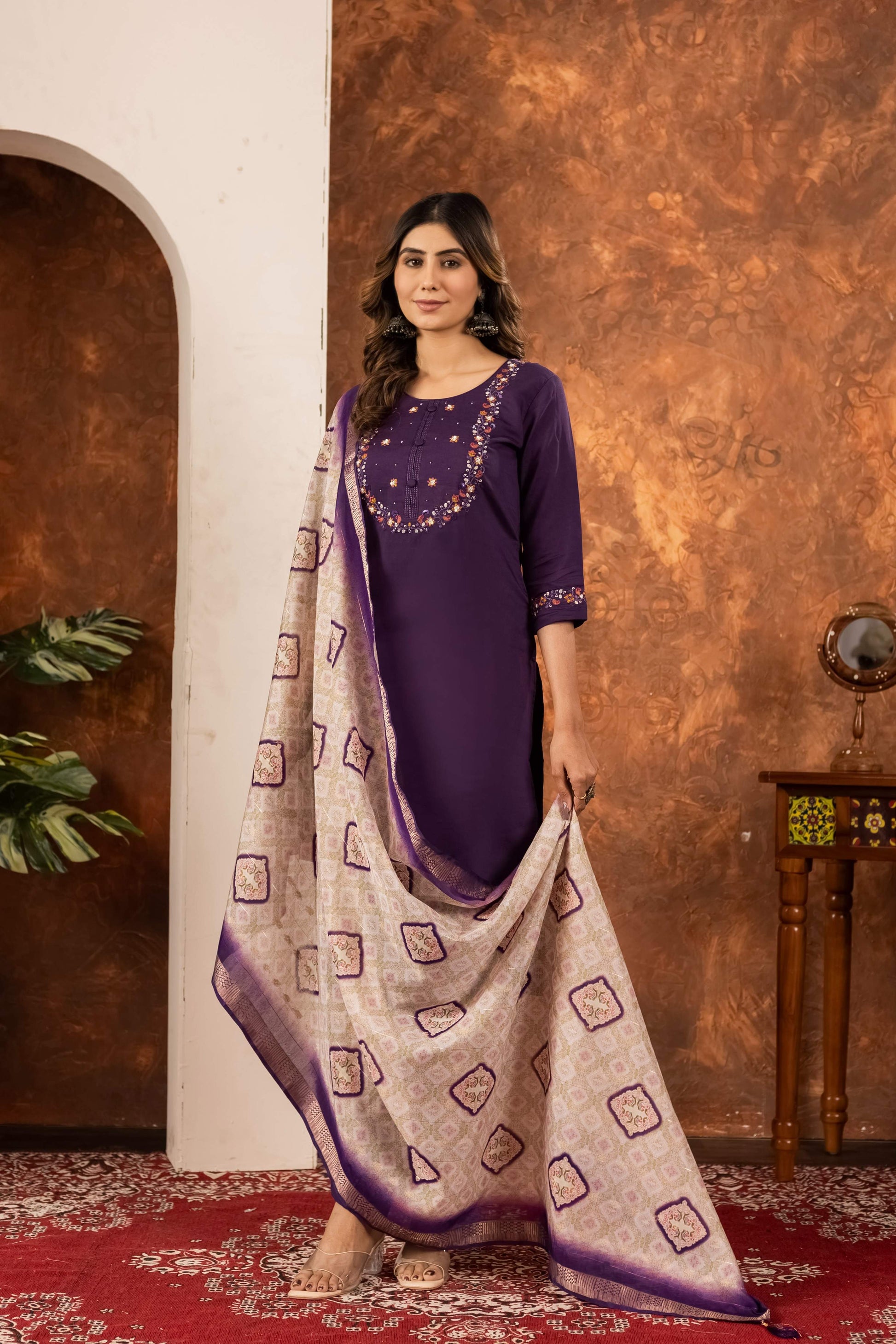 Sonakshi Women's Wine Marina Silk Multi Embroidered Thread With Hand Work Kurta Set With Dupatta