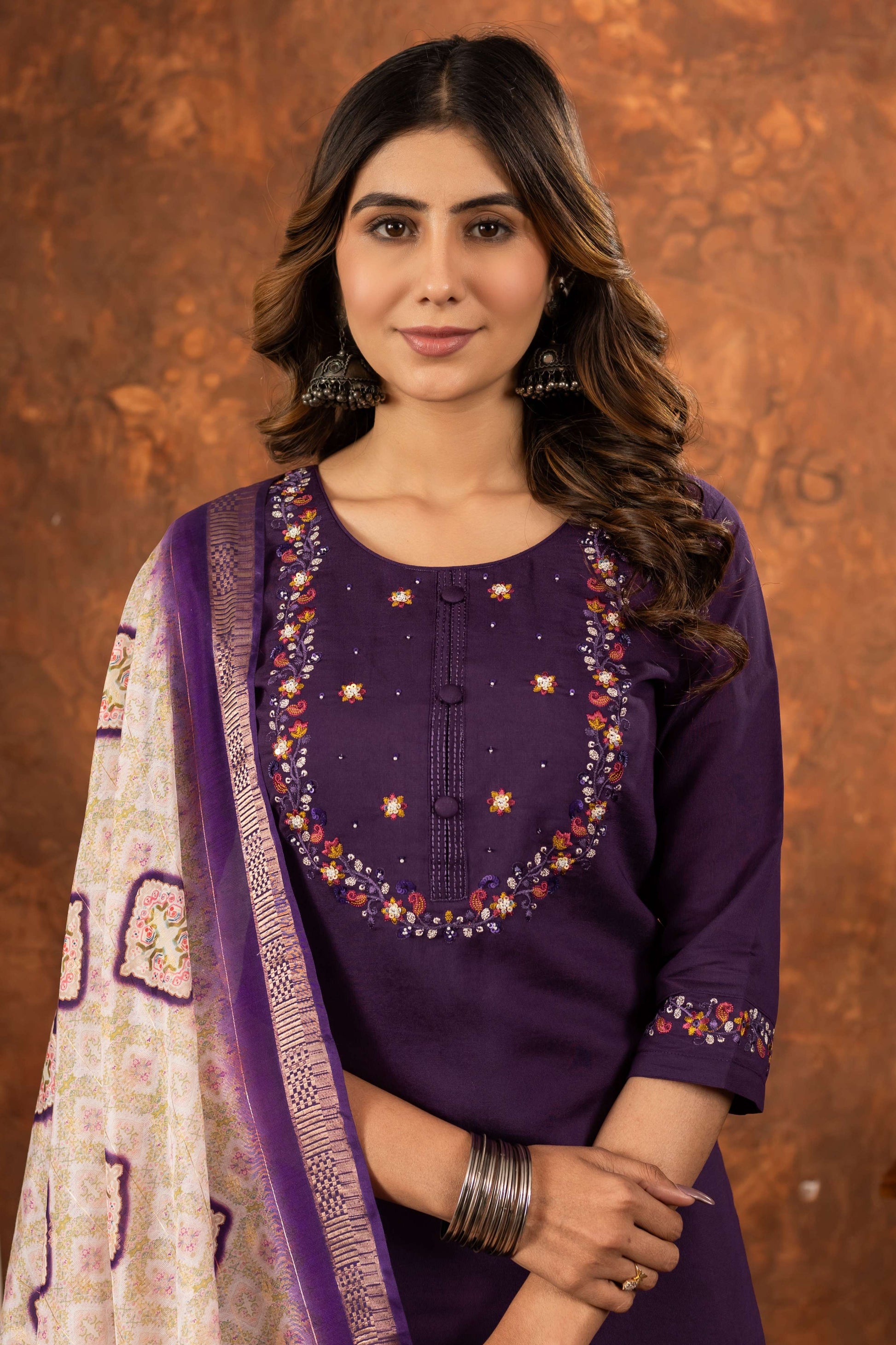 Sonakshi Women's Wine Marina Silk Multi Embroidered Thread With Hand Work Kurta Set With Dupatta