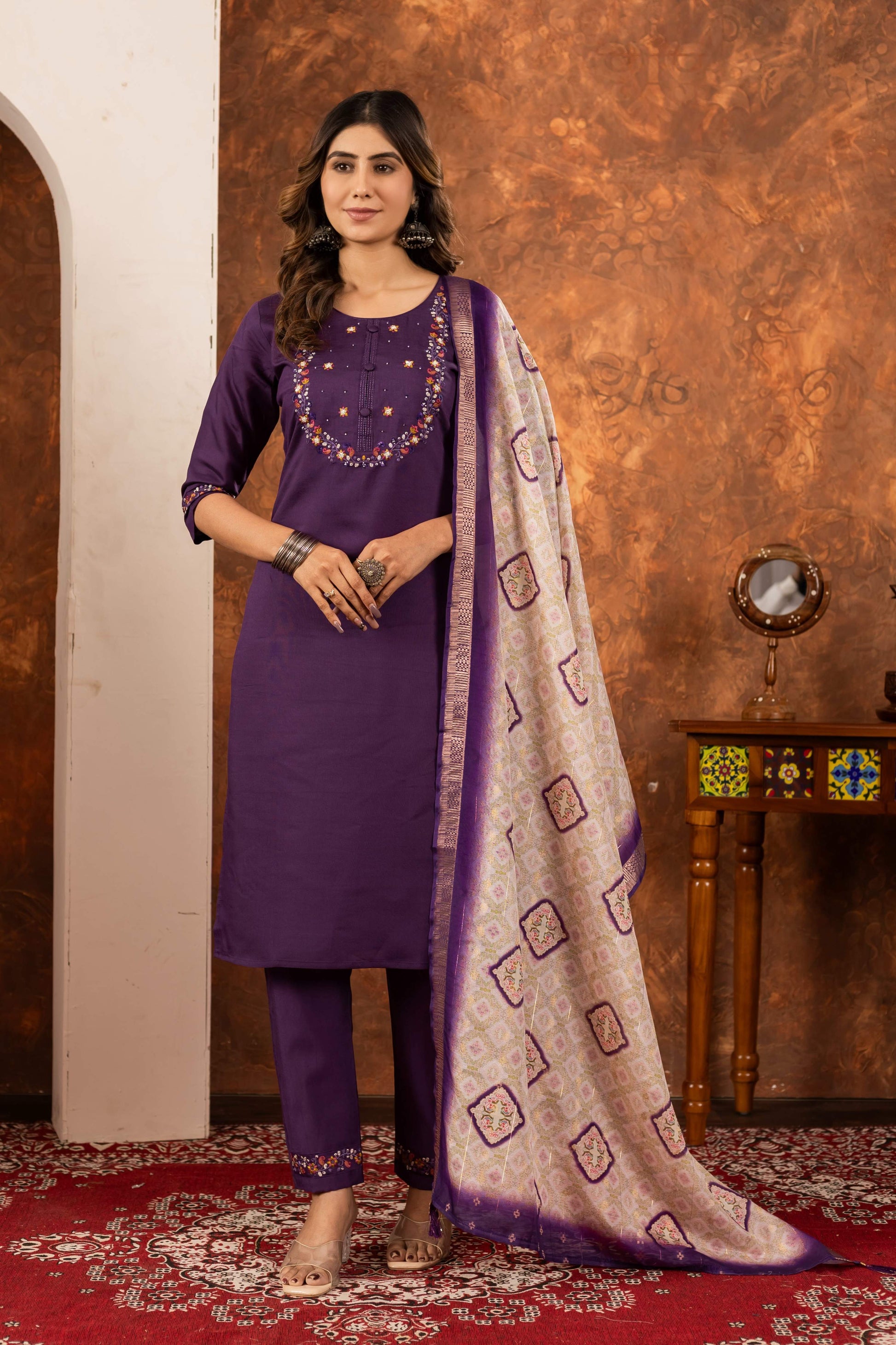 Sonakshi Women's Wine Marina Silk Multi Embroidered Thread With Hand Work Kurta Set With Dupatta