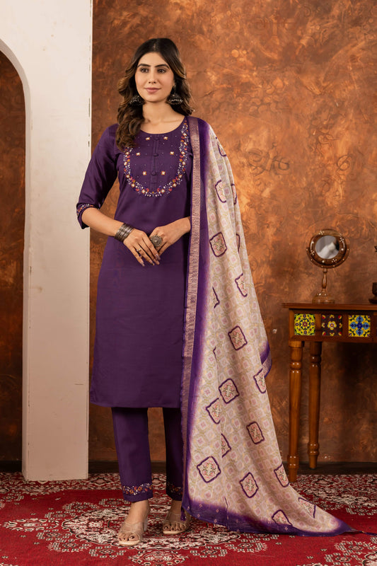 Sonakshi Women's Wine Marina Silk Multi Embroidered Thread With Hand Work Kurta Set With Dupatta