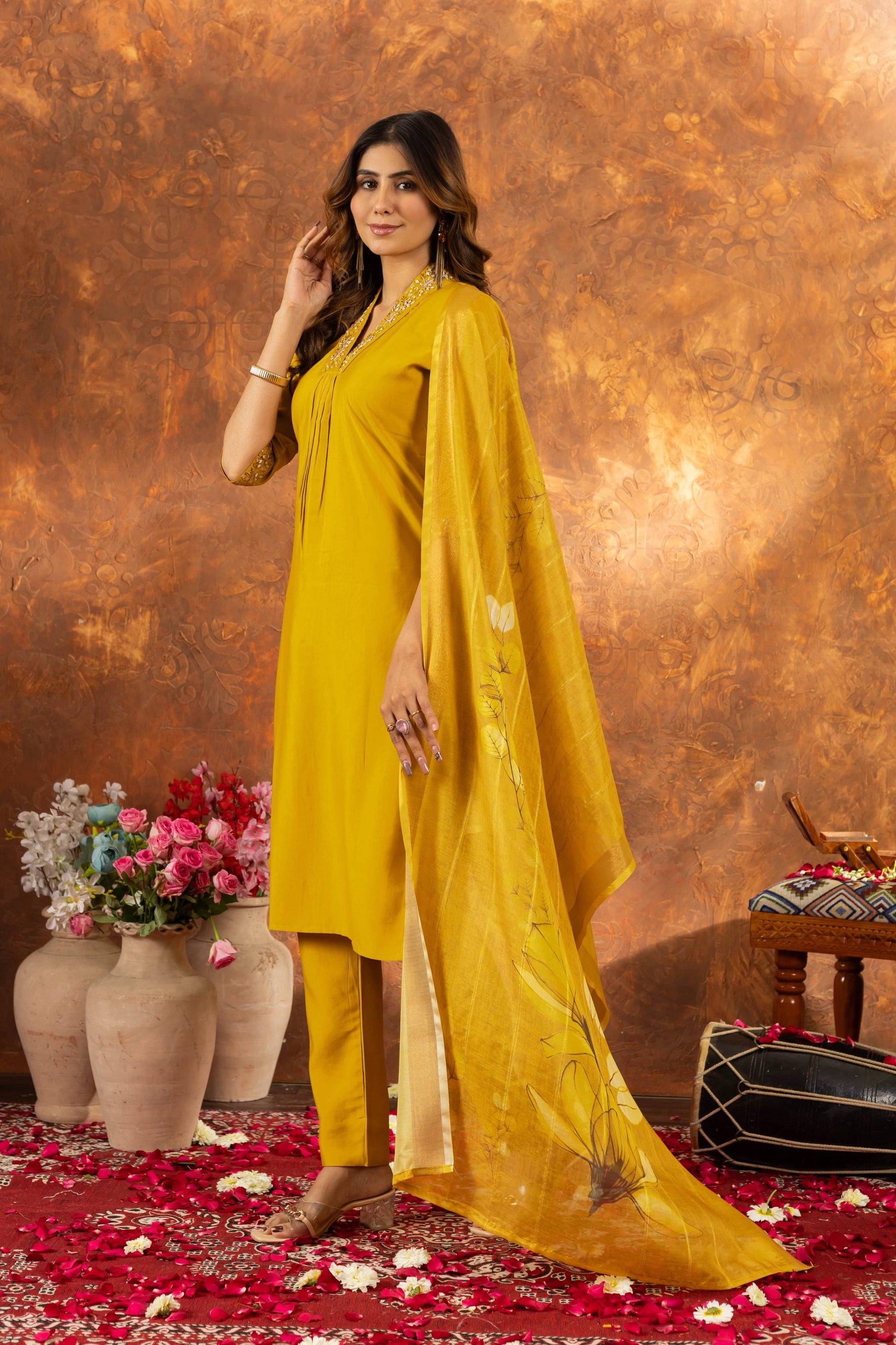 Sonakshi Women's Yellow Roman Silk Multi Embroidered Sequins With Hand Work Kurta Set With Dupatta
