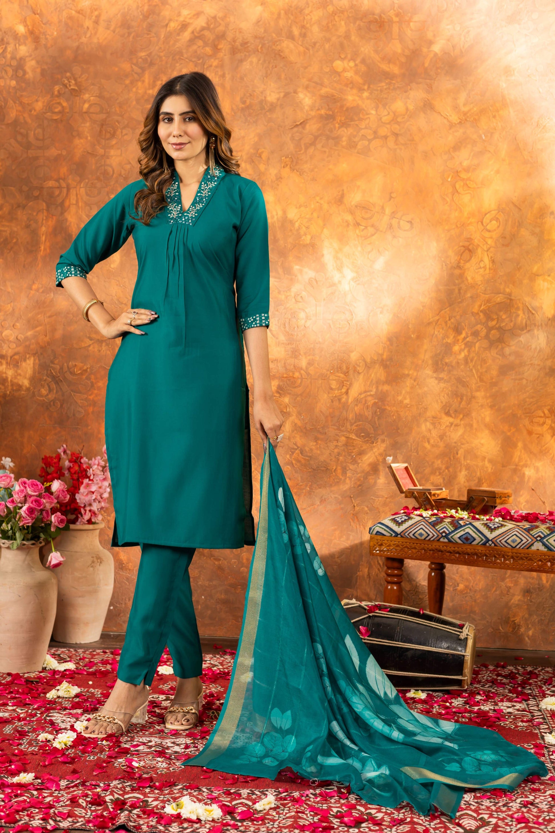Sonakshi Women's Rama Roman Silk Multi Embroidered Sequins With Hand Work Kurta Set With Dupatta