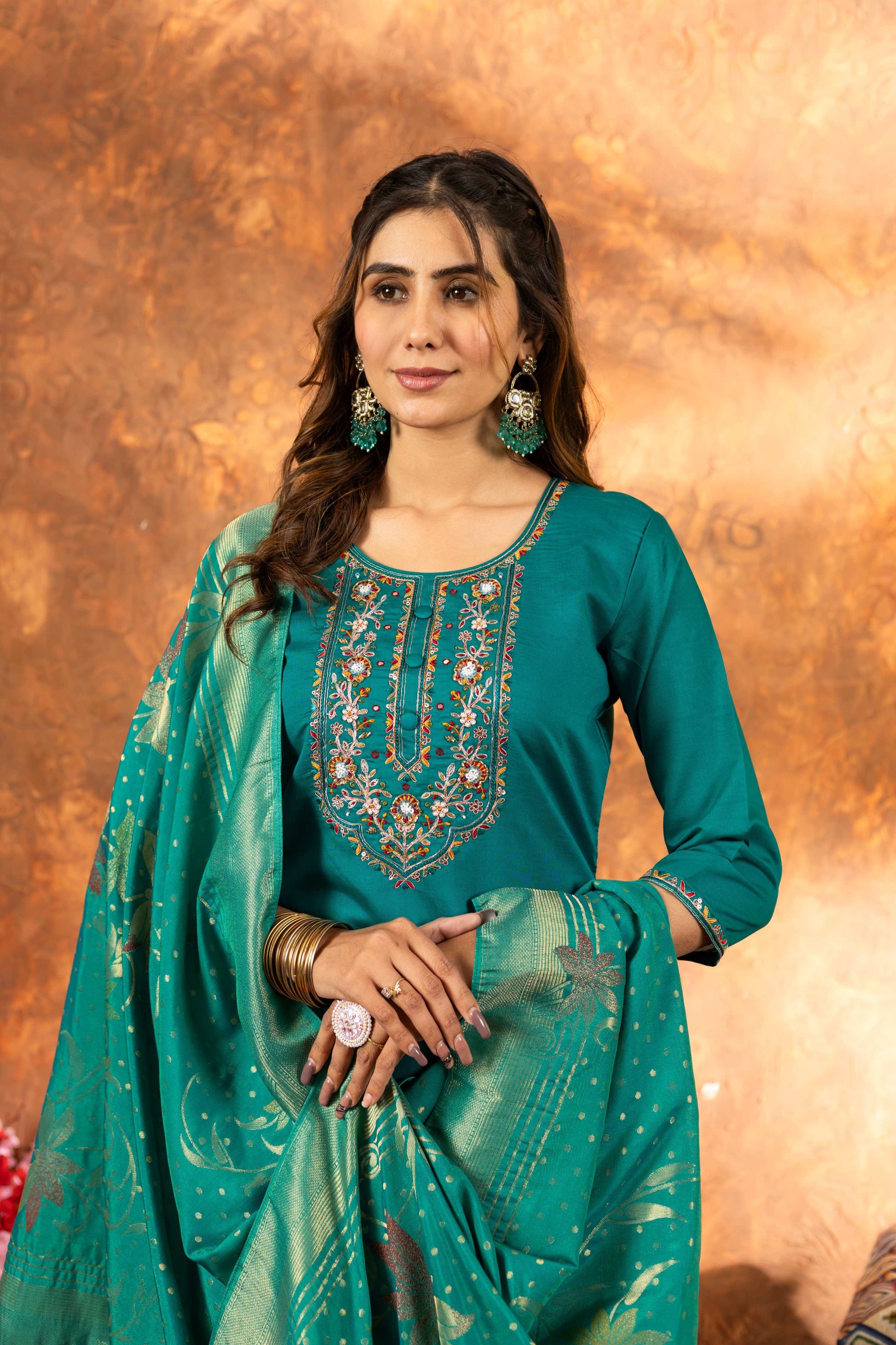 Sonakshi Women's Teal Roman Silk Multi Embroidered Sequins With Hand Work Kurta Set With Dupatta