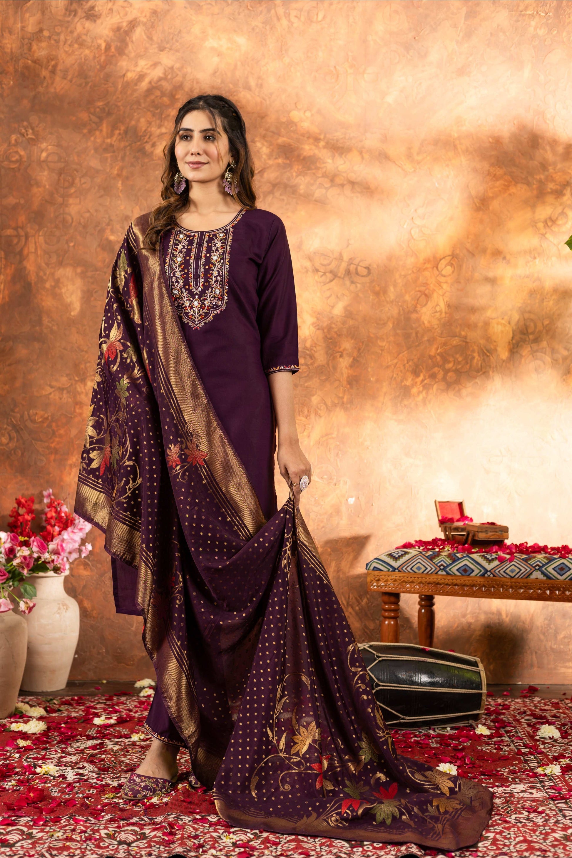 Sonakshi Women's Wine Roman Silk Multi Embroidered Sequins With Hand Work Kurta Set With Dupatta
