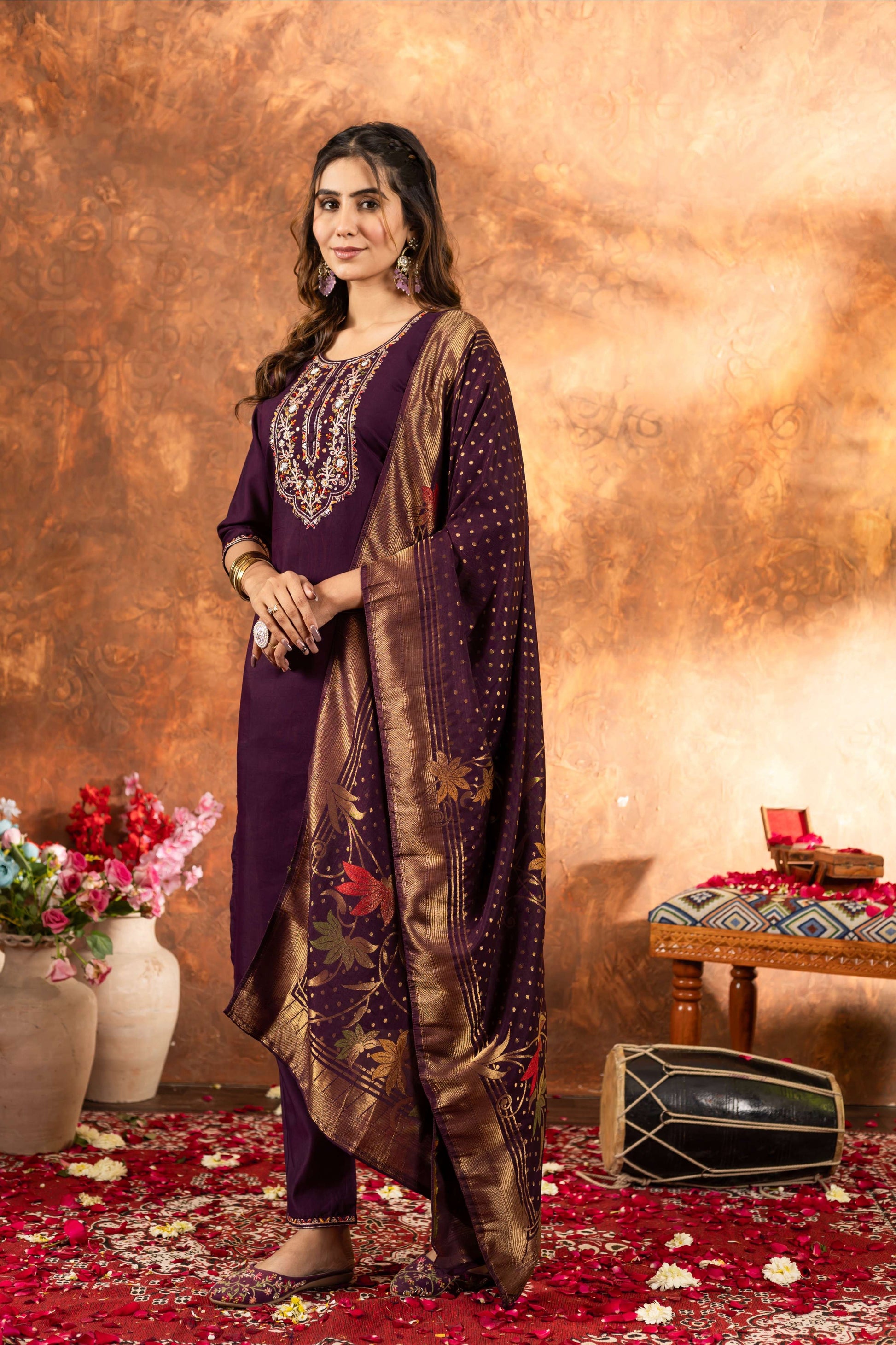 Sonakshi Women's Wine Roman Silk Multi Embroidered Sequins With Hand Work Kurta Set With Dupatta