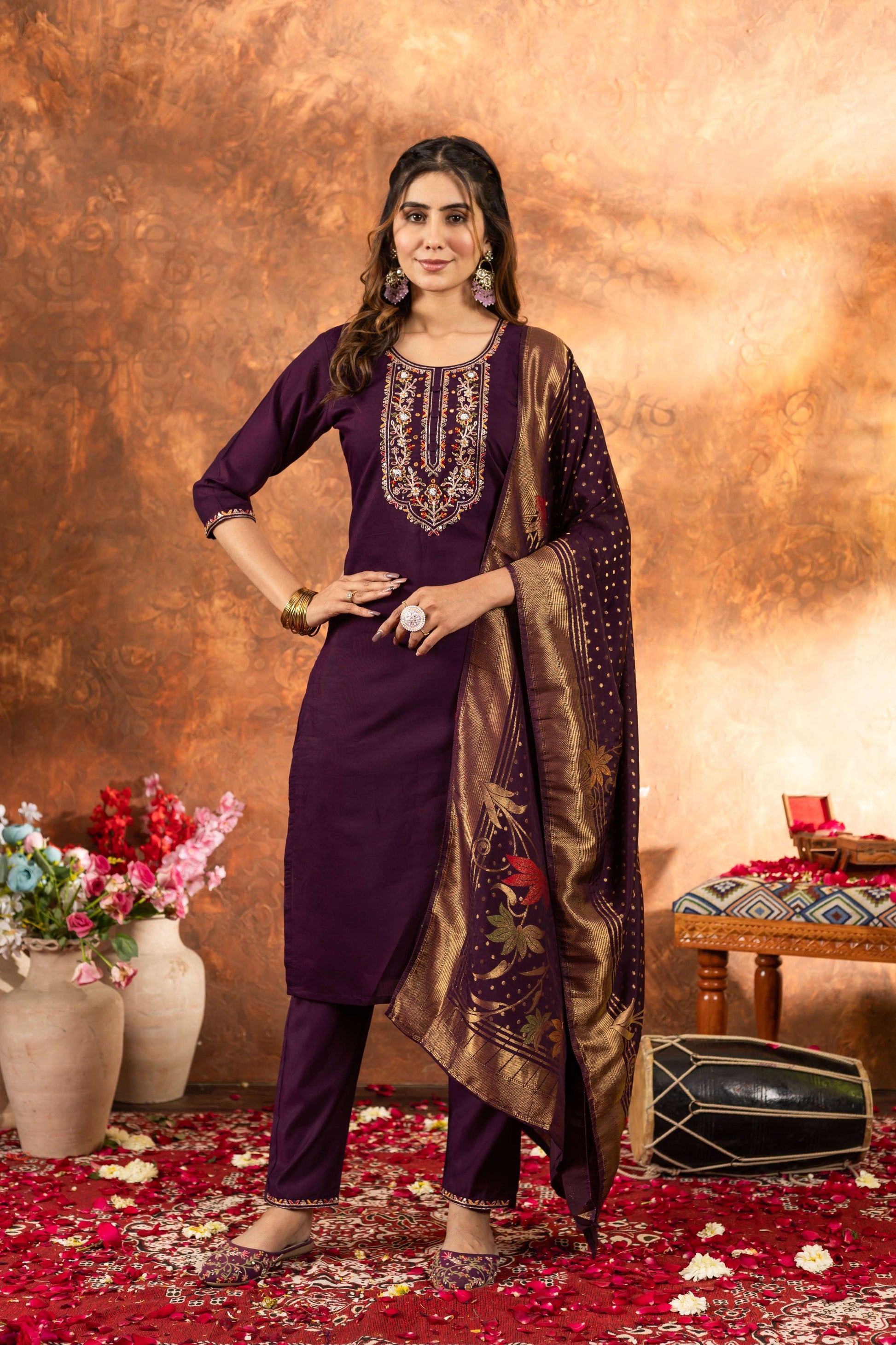 Sonakshi Women's Wine Roman Silk Multi Embroidered Sequins With Hand Work Kurta Set With Dupatta