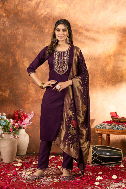 Sonakshi Women's Wine Roman Silk Multi Embroidered Sequins With Hand Work Kurta Set With Dupatta