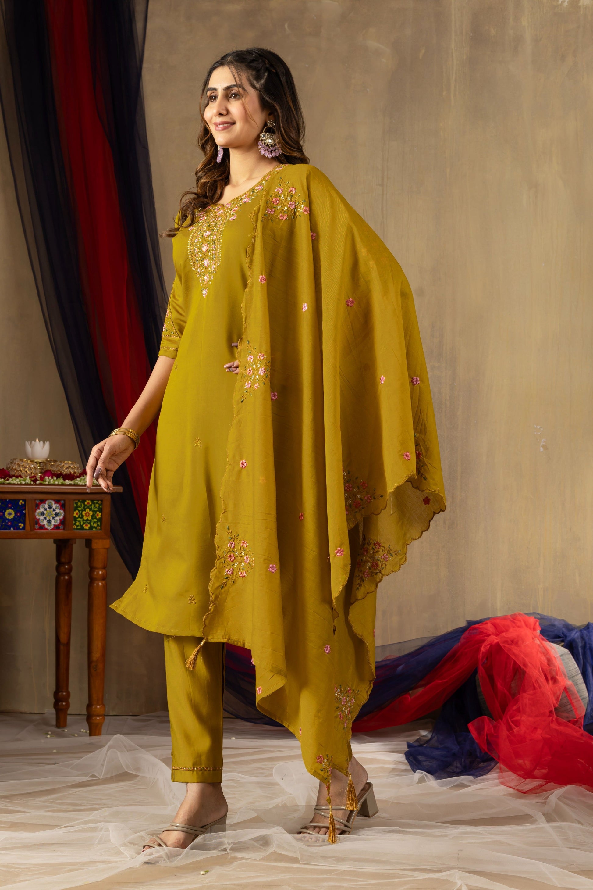 Sonakshi Women's Mustard Roman Silk Multi Embroidered Sequins With Hand Work Kurta Set With Dupatta