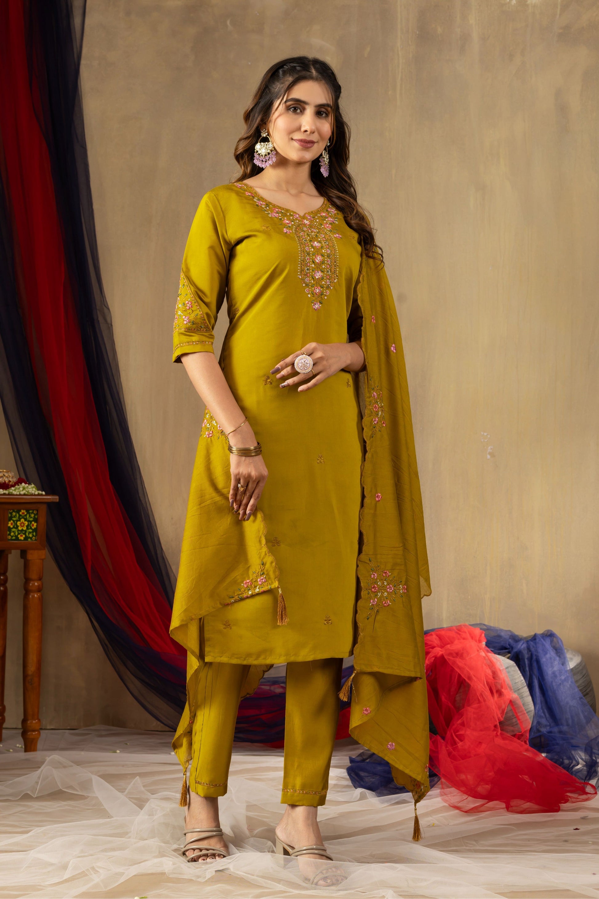 Sonakshi Women's Mustard Roman Silk Multi Embroidered Sequins With Hand Work Kurta Set With Dupatta