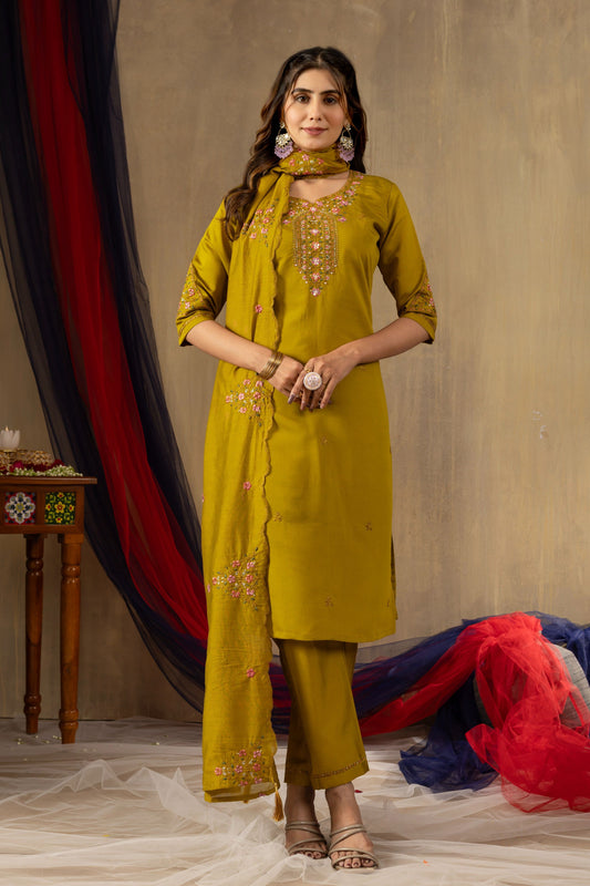 Sonakshi Women's Mustard Roman Silk Multi Embroidered Sequins With Hand Work Kurta Set With Dupatta