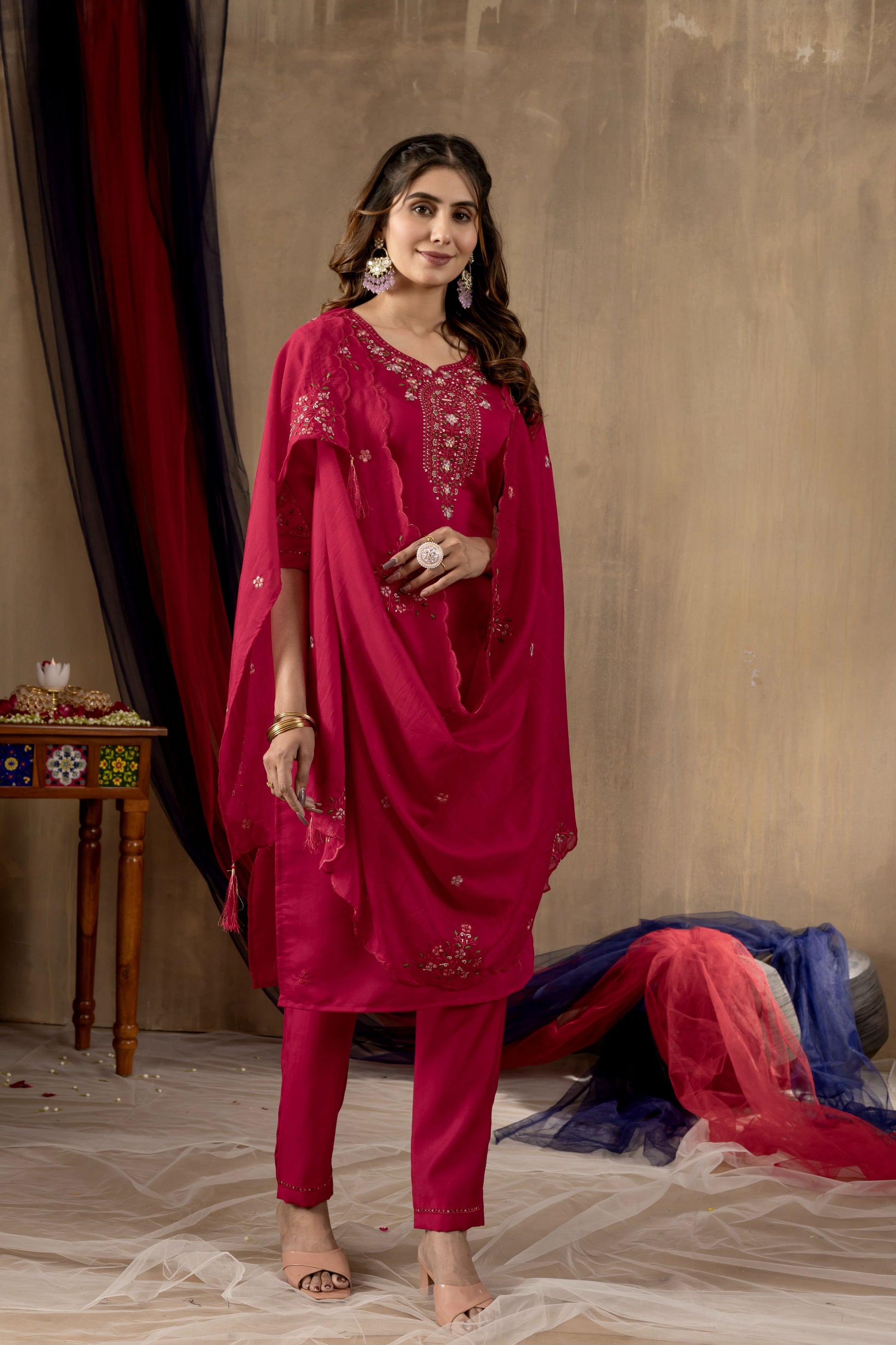Sonakshi Women's Rani Pink Roman Silk Multi Embroidered Sequins With Hand Work Kurta Set With Dupatta
