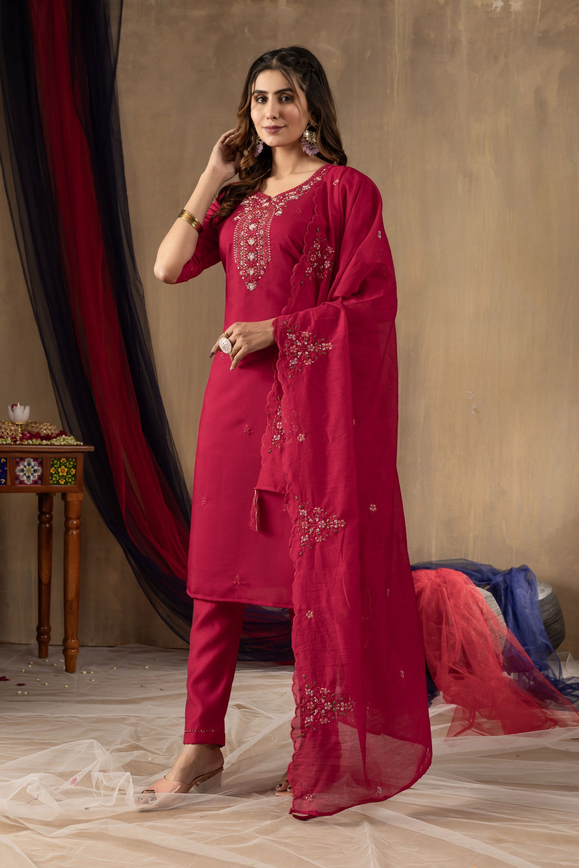 Sonakshi Women's Rani Pink Roman Silk Multi Embroidered Sequins With Hand Work Kurta Set With Dupatta