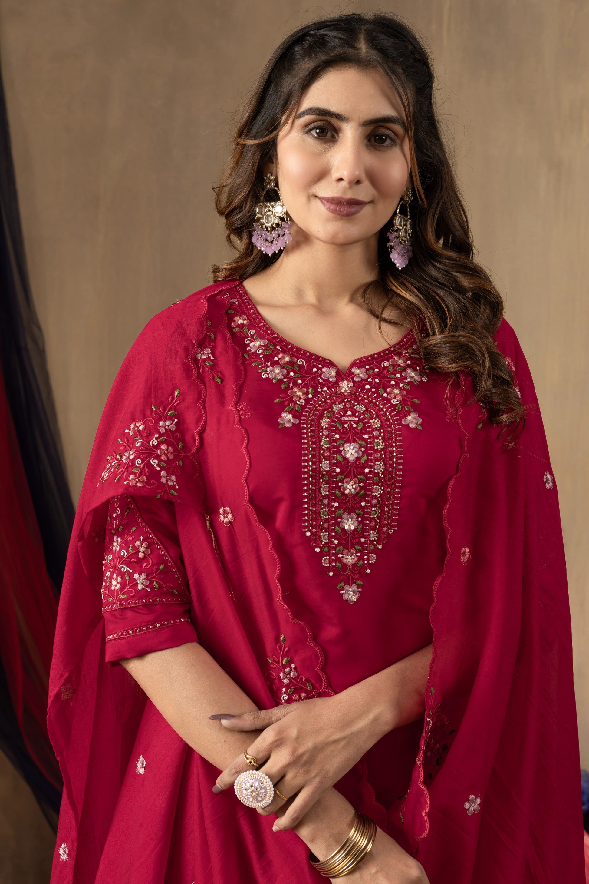 Sonakshi Women's Rani Pink Roman Silk Multi Embroidered Sequins With Hand Work Kurta Set With Dupatta
