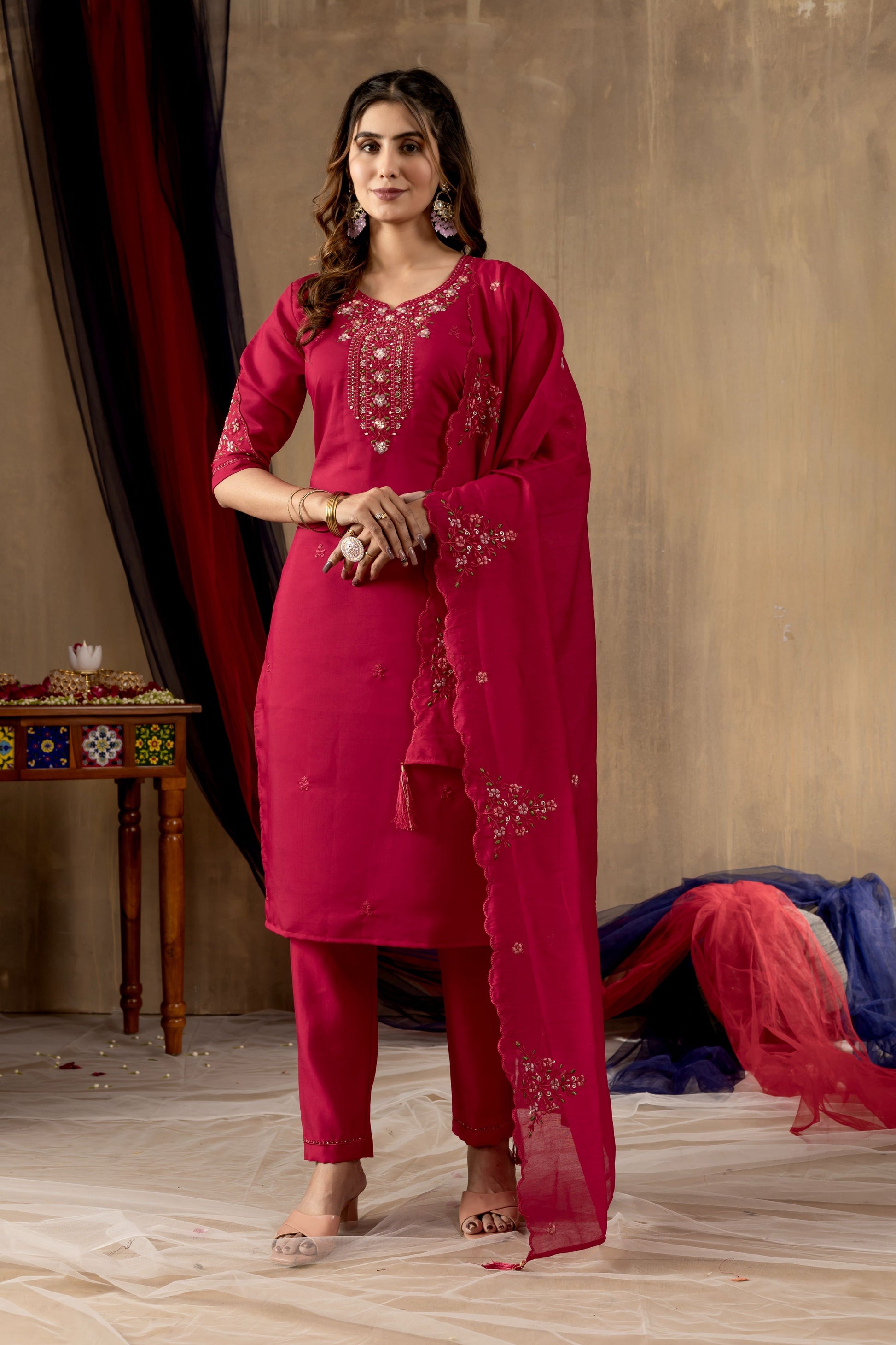 Sonakshi Women's Rani Pink Roman Silk Multi Embroidered Sequins With Hand Work Kurta Set With Dupatta