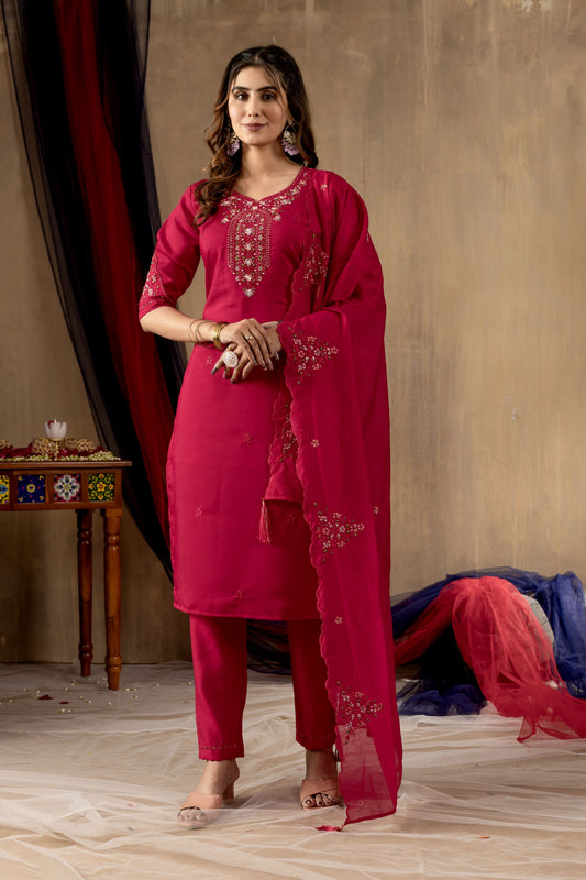 Sonakshi Women's Rani Pink Roman Silk Multi Embroidered Sequins With Hand Work Kurta Set With Dupatta
