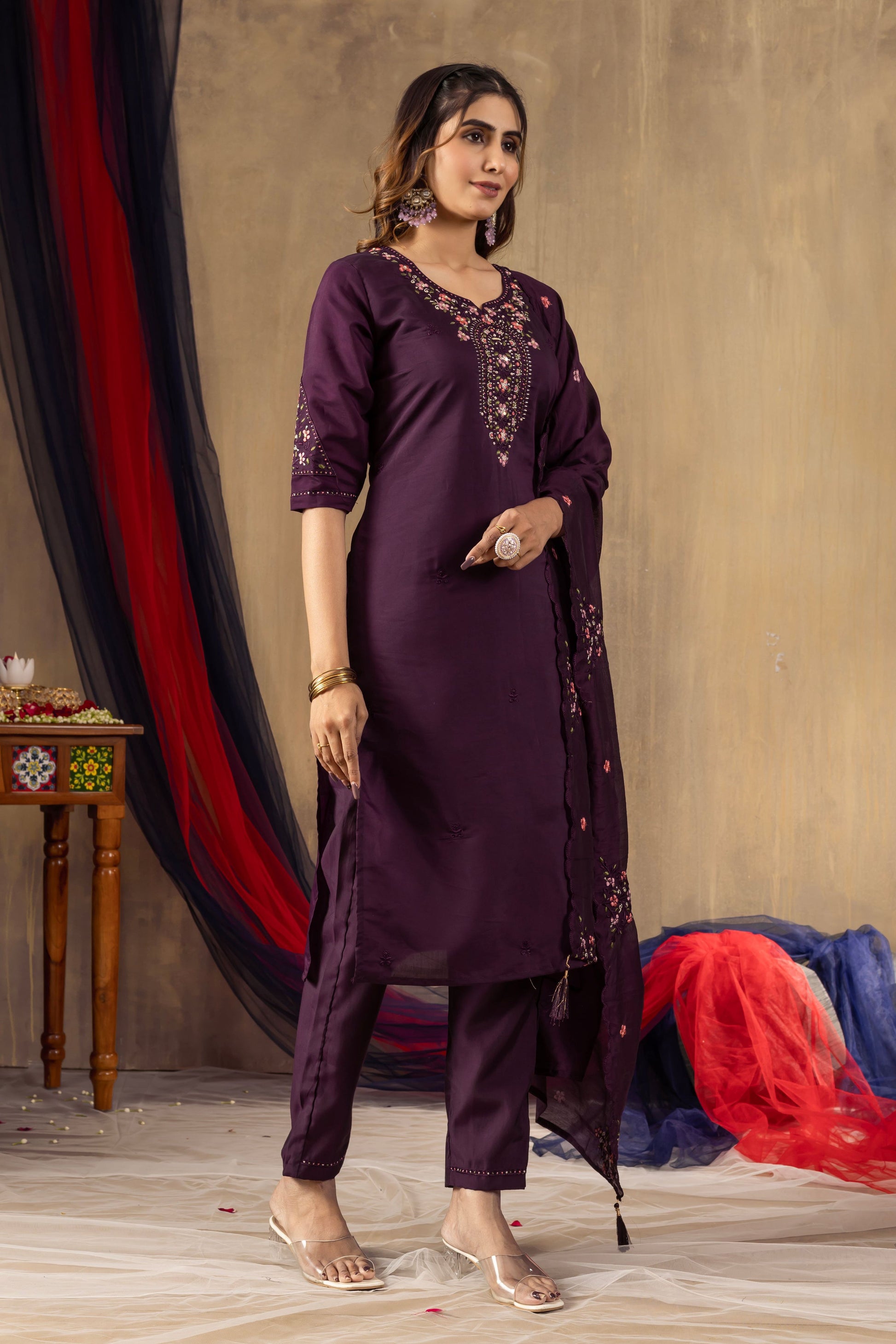 Sonakshi Women's Wine Roman Silk Multi Embroidered Sequins With Hand Work Kurta Set With Dupatta