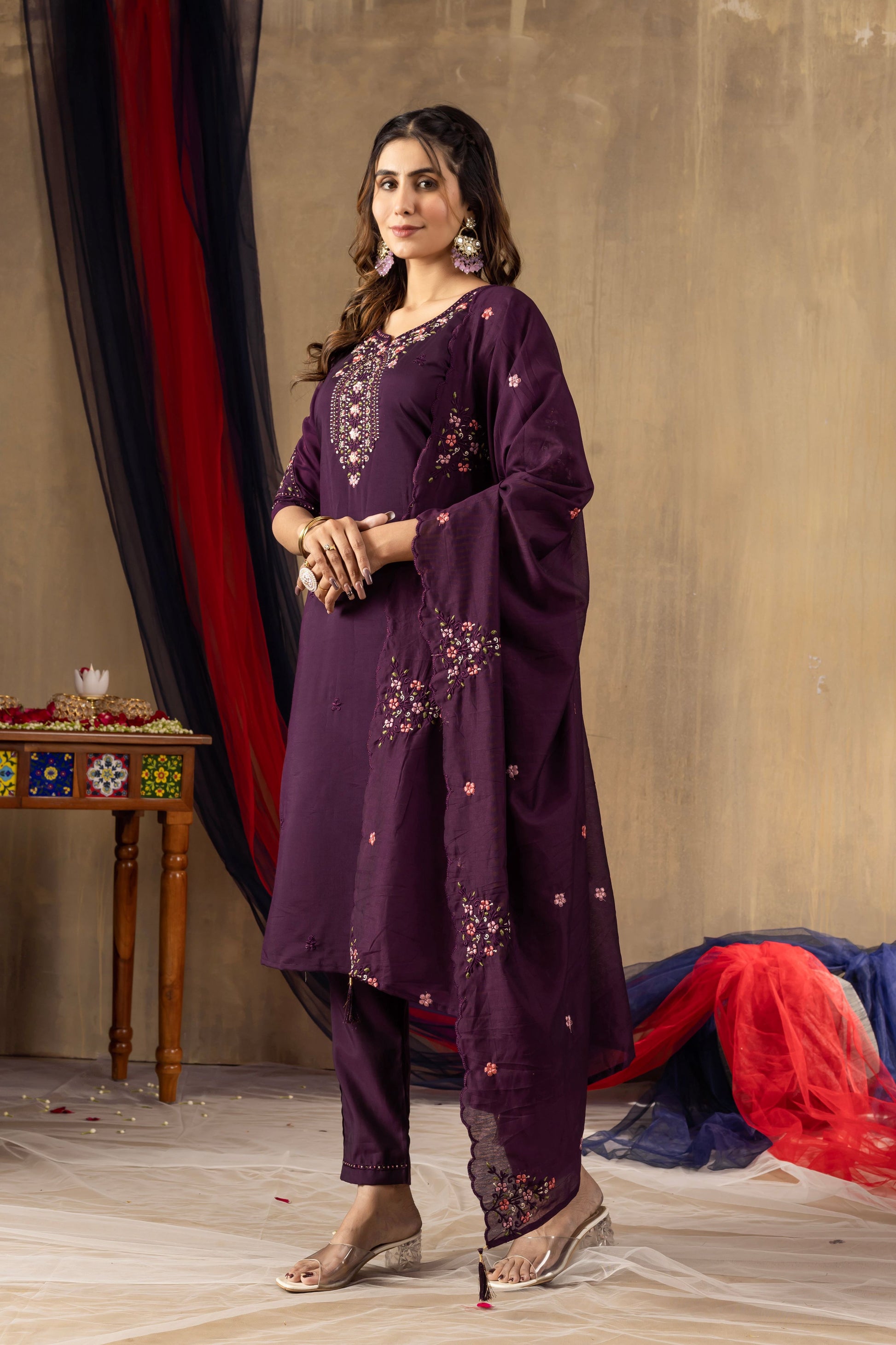Sonakshi Women's Wine Roman Silk Multi Embroidered Sequins With Hand Work Kurta Set With Dupatta