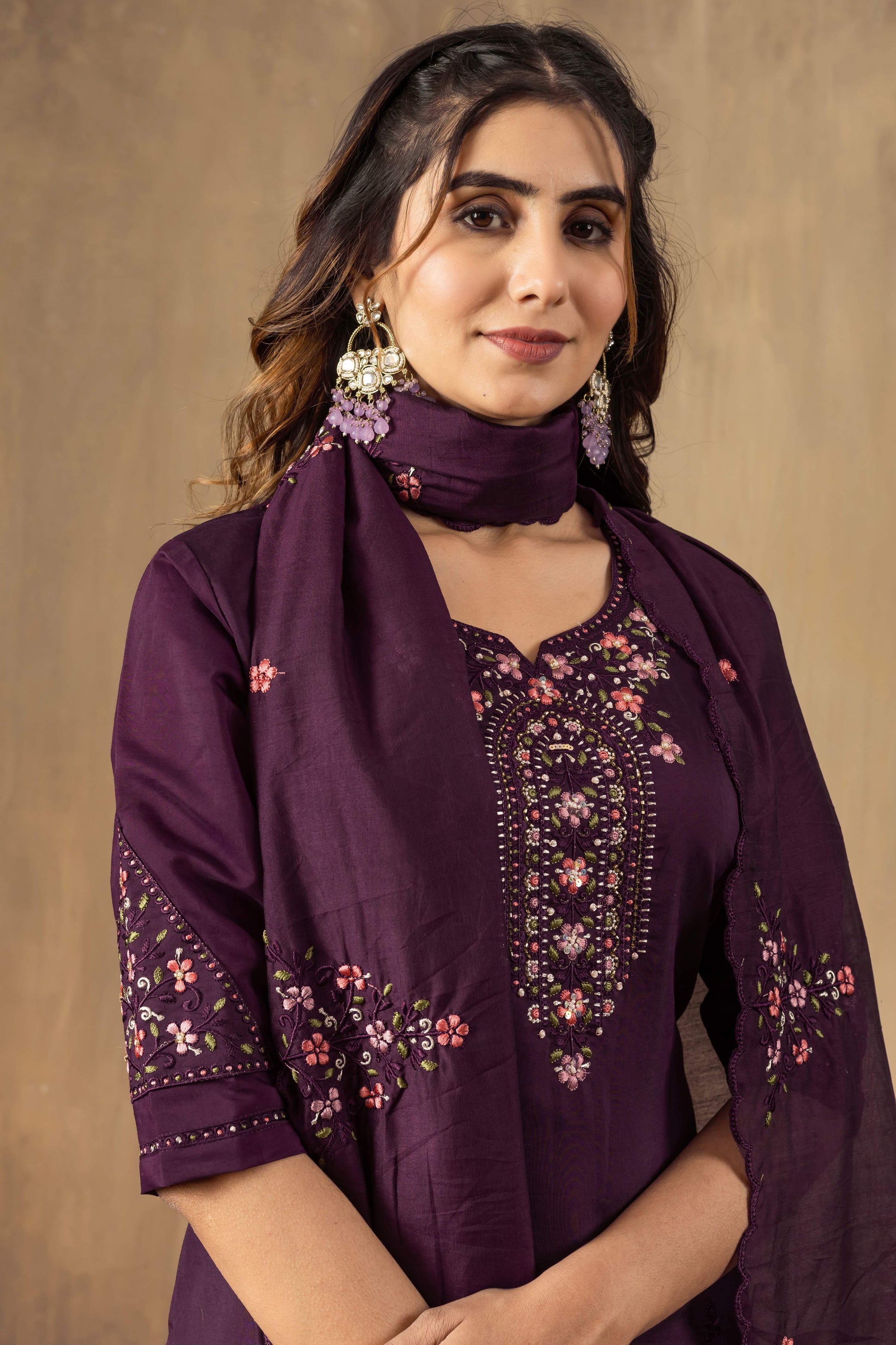 Sonakshi Women's Wine Roman Silk Multi Embroidered Sequins With Hand Work Kurta Set With Dupatta