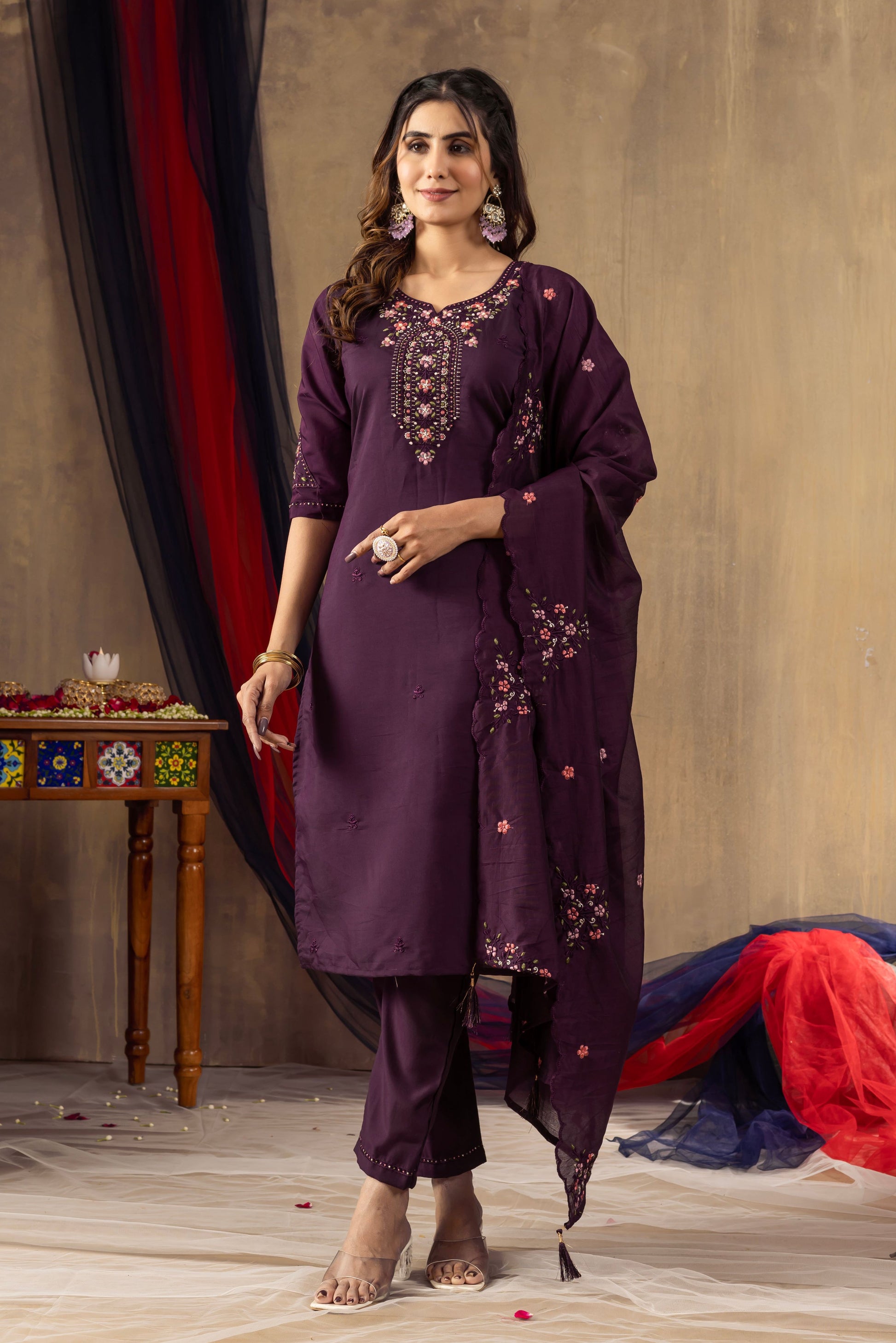Sonakshi Women's Wine Roman Silk Multi Embroidered Sequins With Hand Work Kurta Set With Dupatta