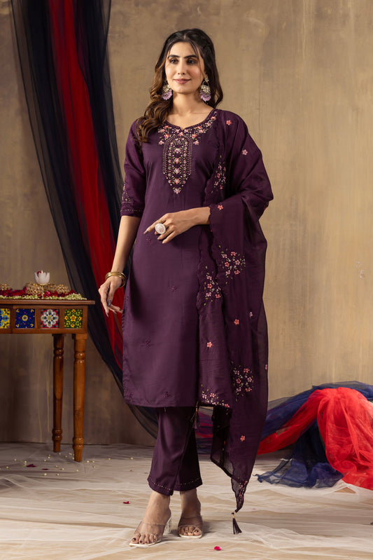 Sonakshi Women's Wine Roman Silk Multi Embroidered Sequins With Hand Work Kurta Set With Dupatta