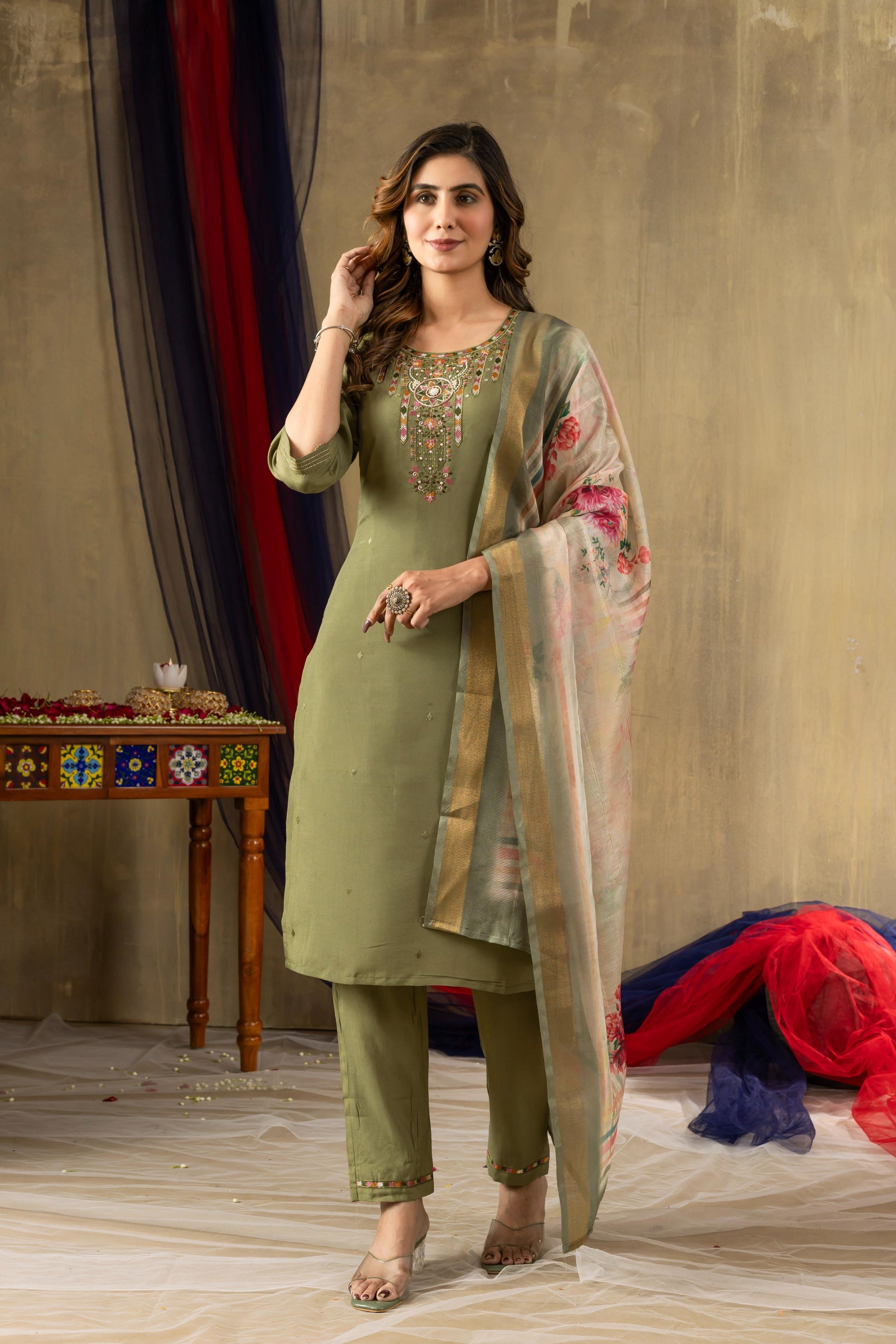 Sonakshi Women's Green Shimmer Gold Silk Multi Embroidered Sequins With Hand Work Kurta Set With Dupatta