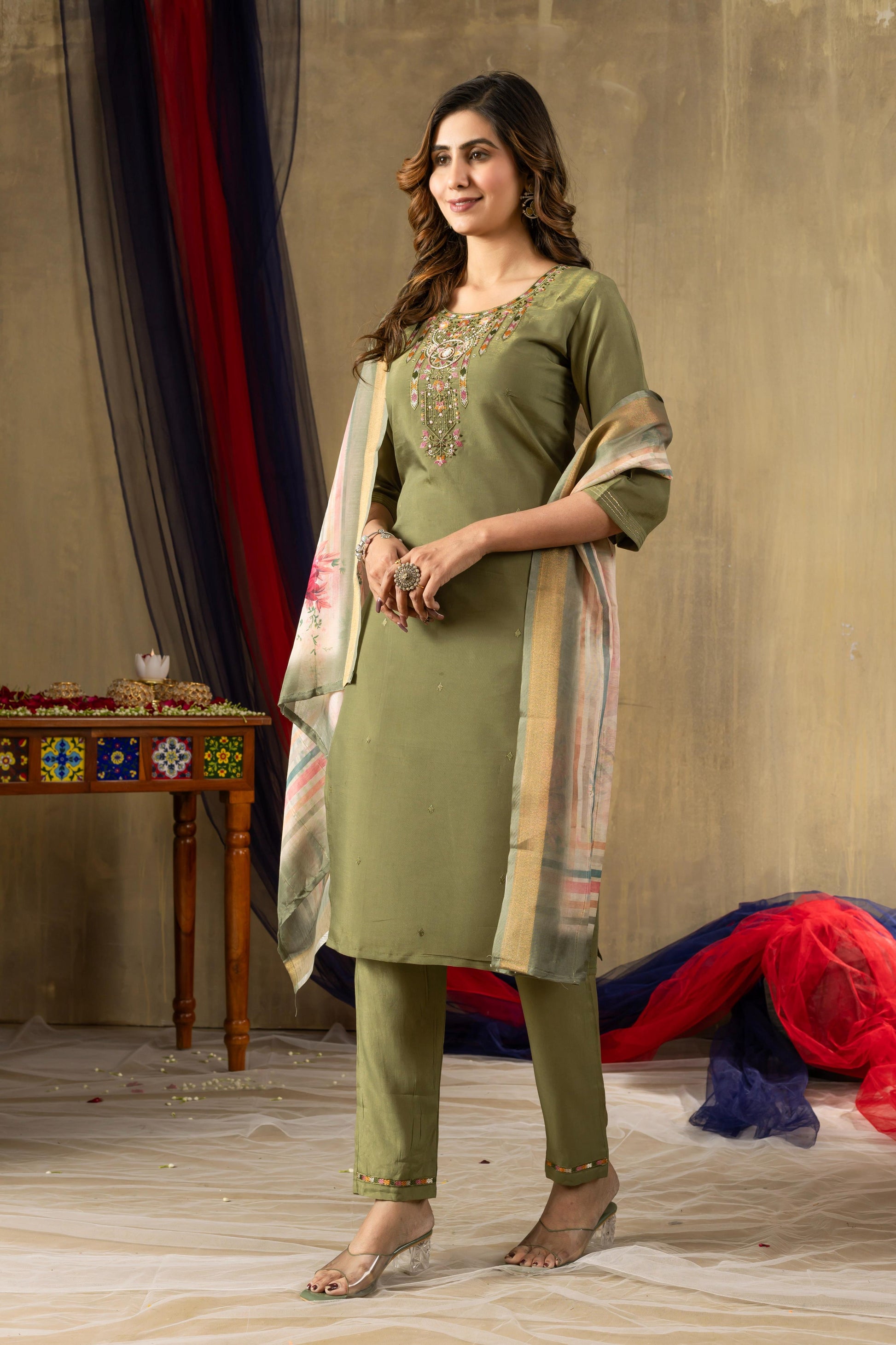 Sonakshi Women's Green Shimmer Gold Silk Multi Embroidered Sequins With Hand Work Kurta Set With Dupatta