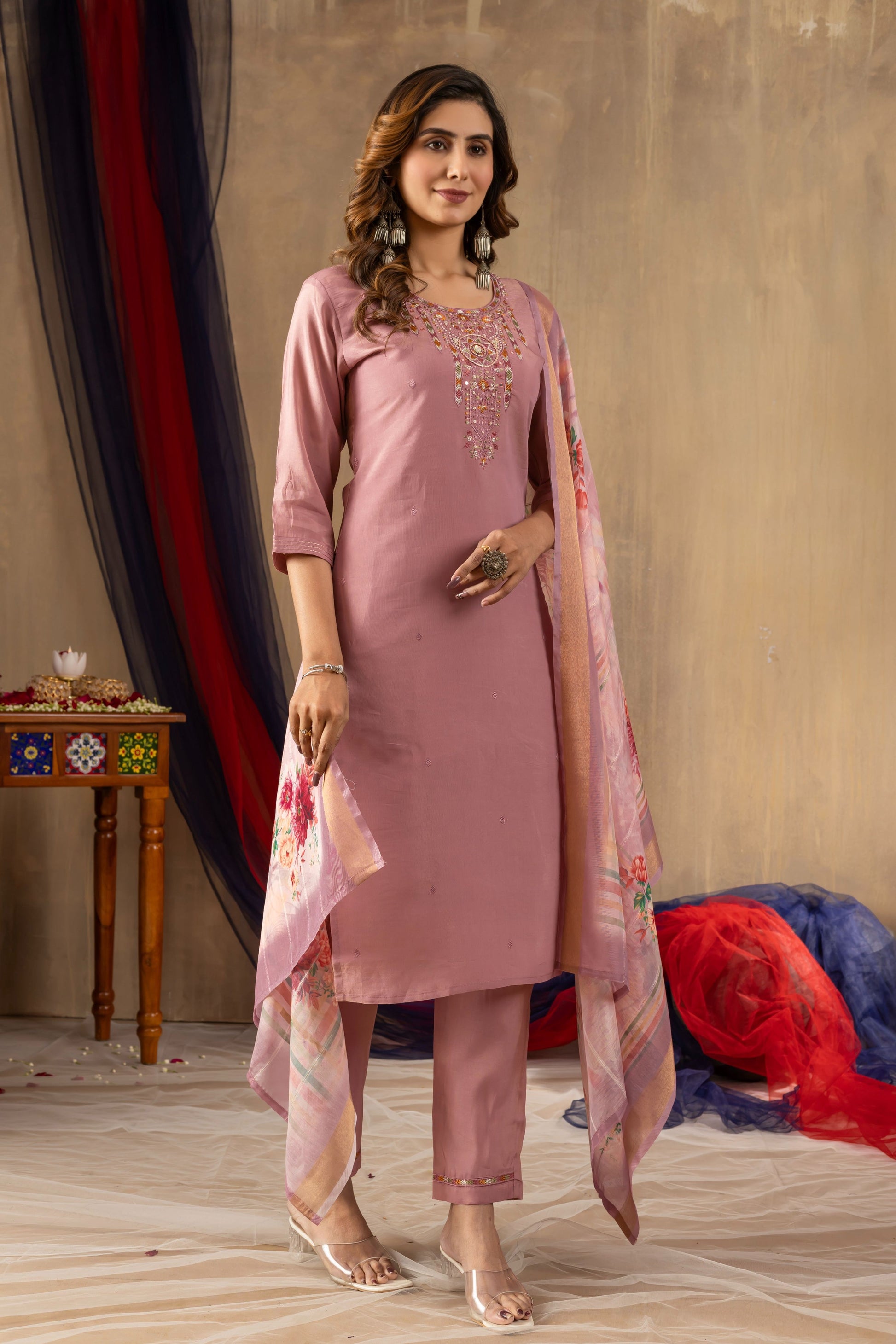 Sonakshi Women's Onion Pink Shimmer Gold Silk Multi Embroidered Sequins With Hand Work Kurta Set With Dupatta
