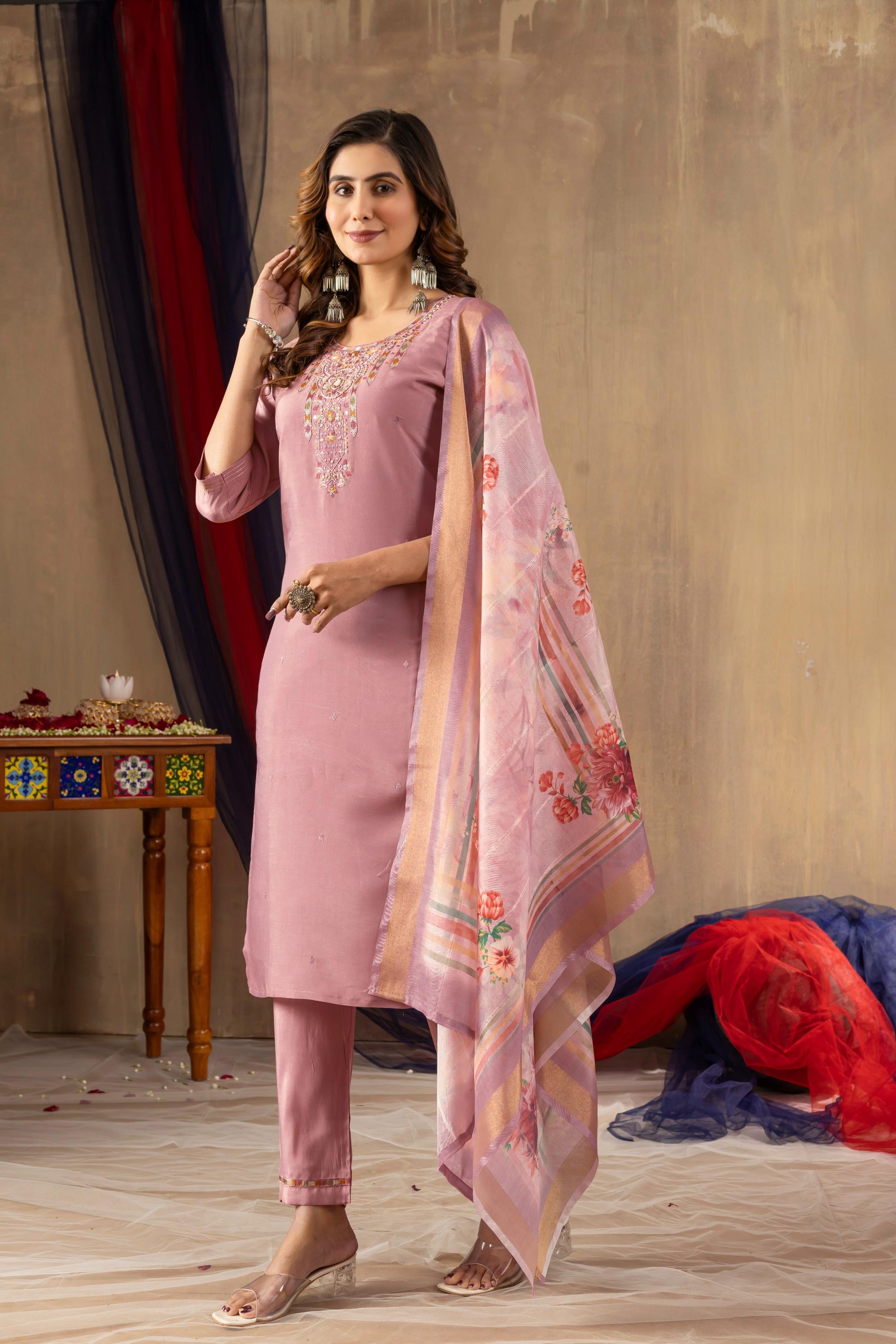 Sonakshi Women's Onion Pink Shimmer Gold Silk Multi Embroidered Sequins With Hand Work Kurta Set With Dupatta