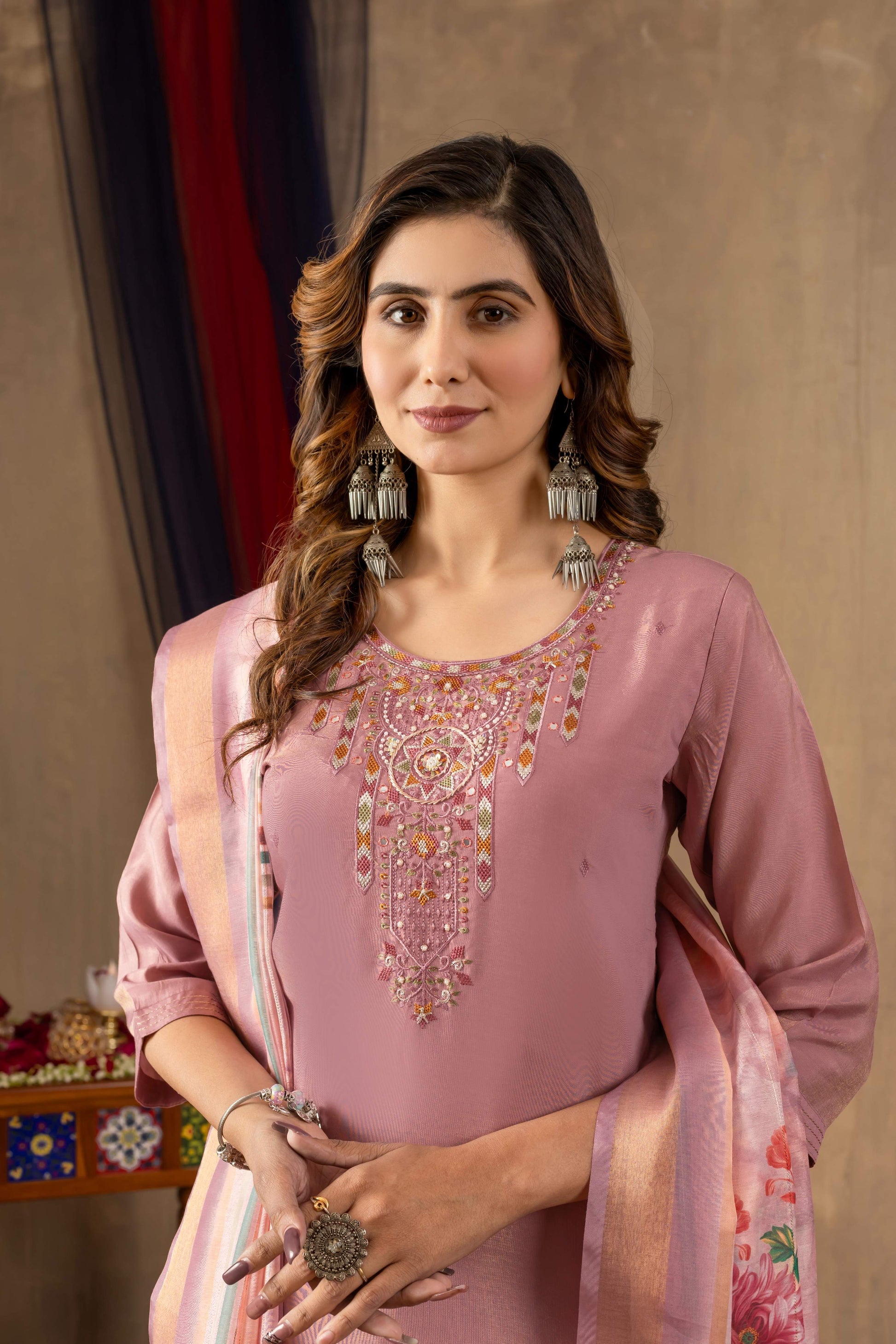 Sonakshi Women's Onion Pink Shimmer Gold Silk Multi Embroidered Sequins With Hand Work Kurta Set With Dupatta