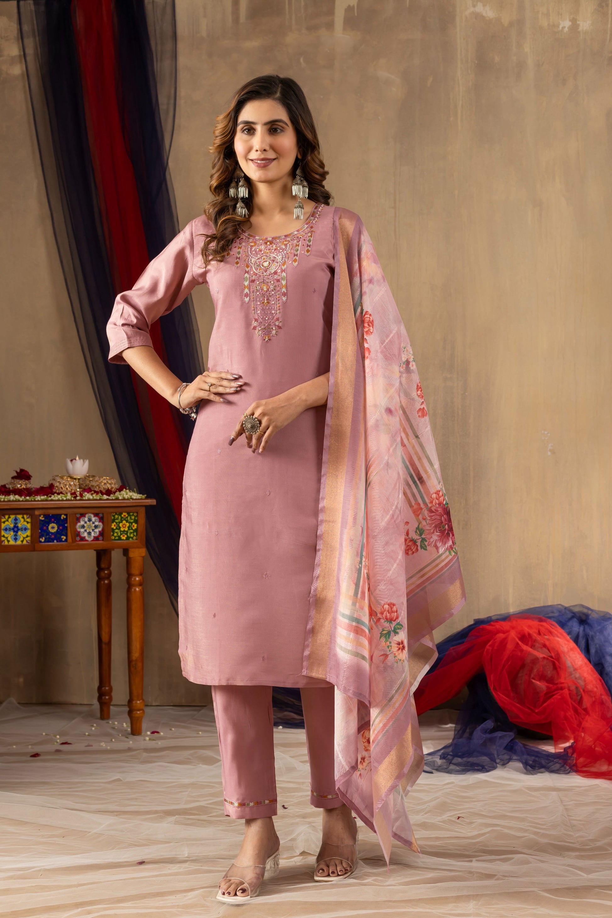 Sonakshi Women's Onion Pink Shimmer Gold Silk Multi Embroidered Sequins With Hand Work Kurta Set With Dupatta